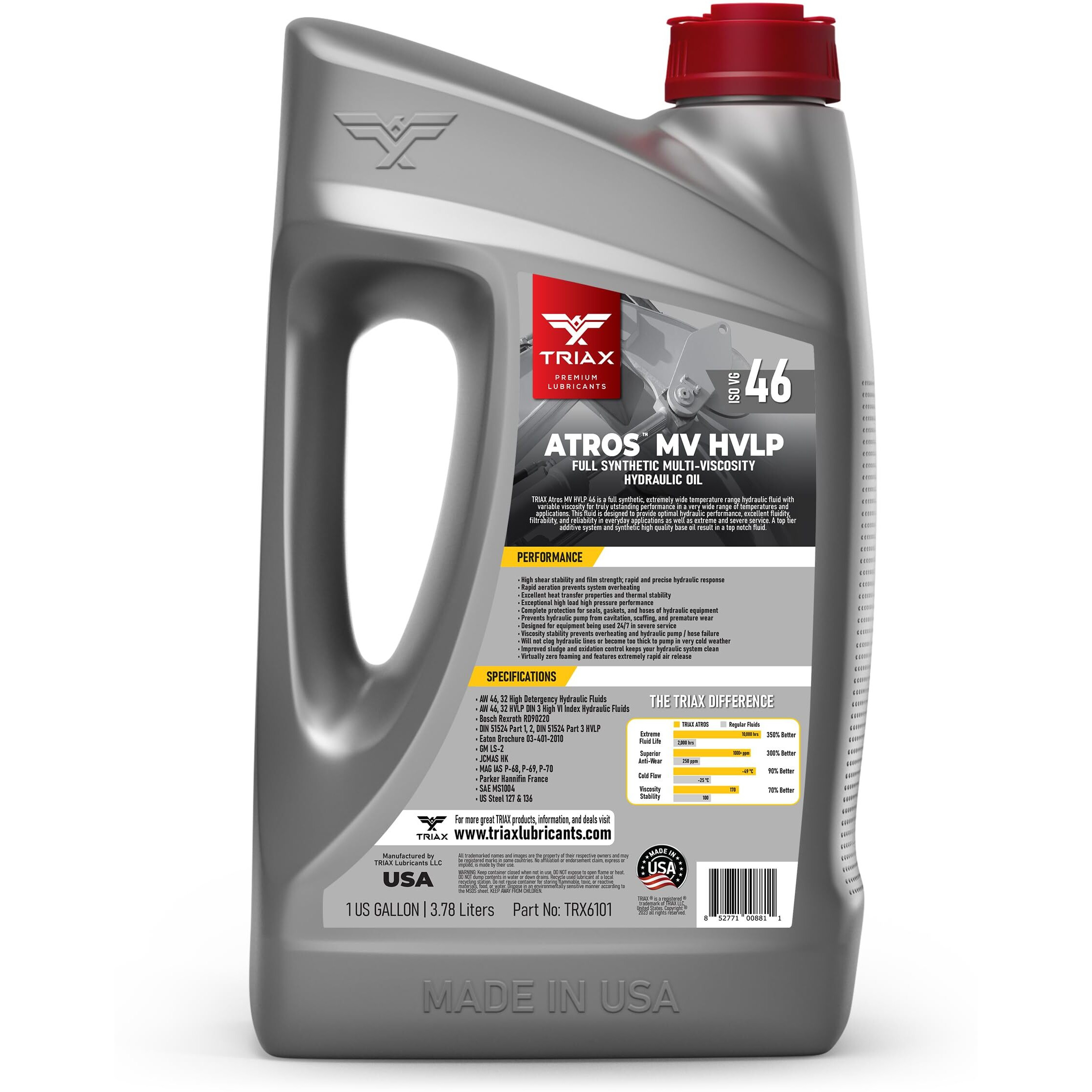 Triax Atros Mv Hvlp 46 Full Synthetic Hydraulic Oil, 300% Additive Anti-Wear Boost, 7,000-10,000 Hour Life, Arctic Grade -54 Cold Flow And High Temp Operations (4 Gallon Pack)