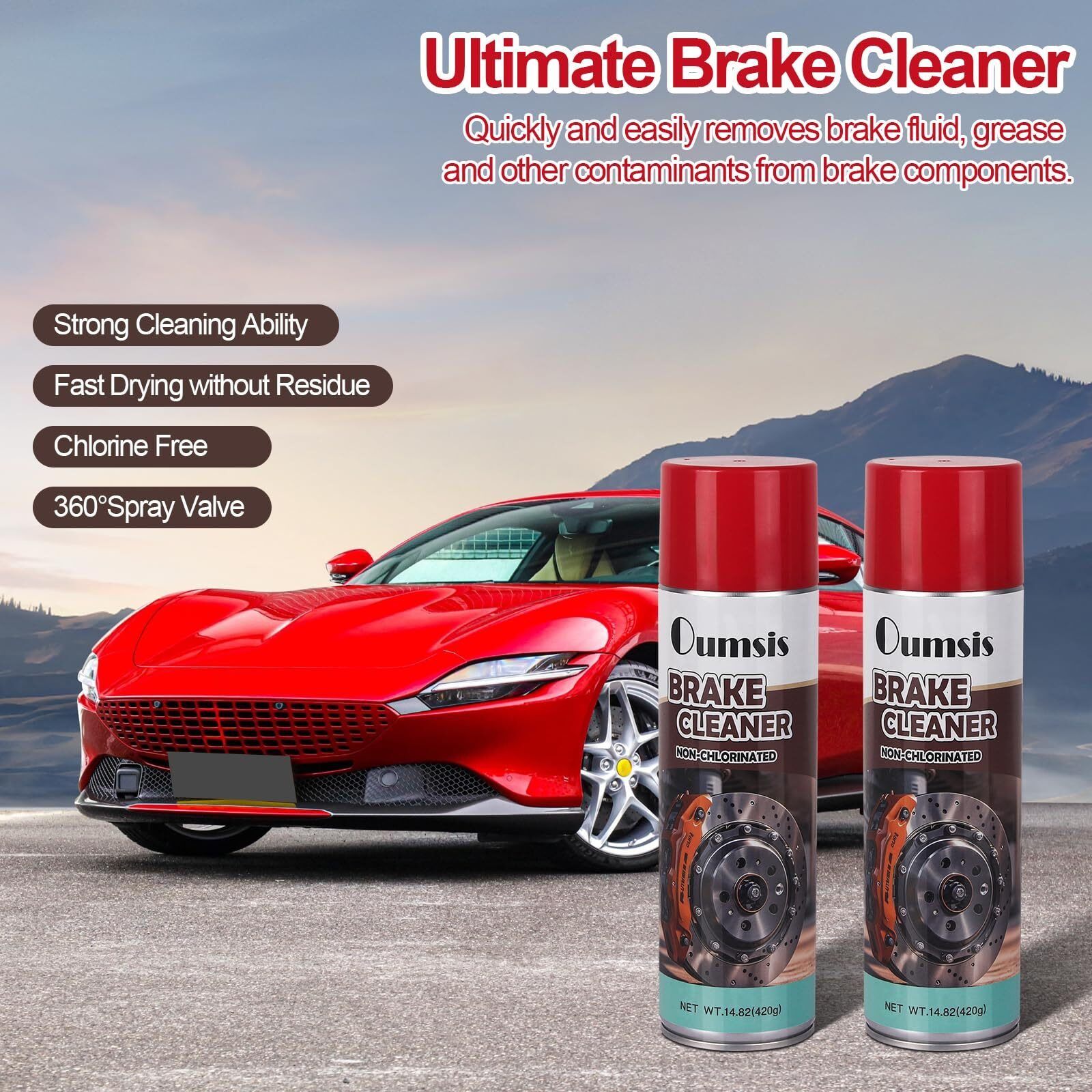 Oumsis Brake Cleaner, Non-Chlorinated Brake Cleaner Spray Can, Oil-Dust-Rust Remover For Disc, Caliper, Spring, Clutch, Rotor, Pad, 14.82 Oz 2Can