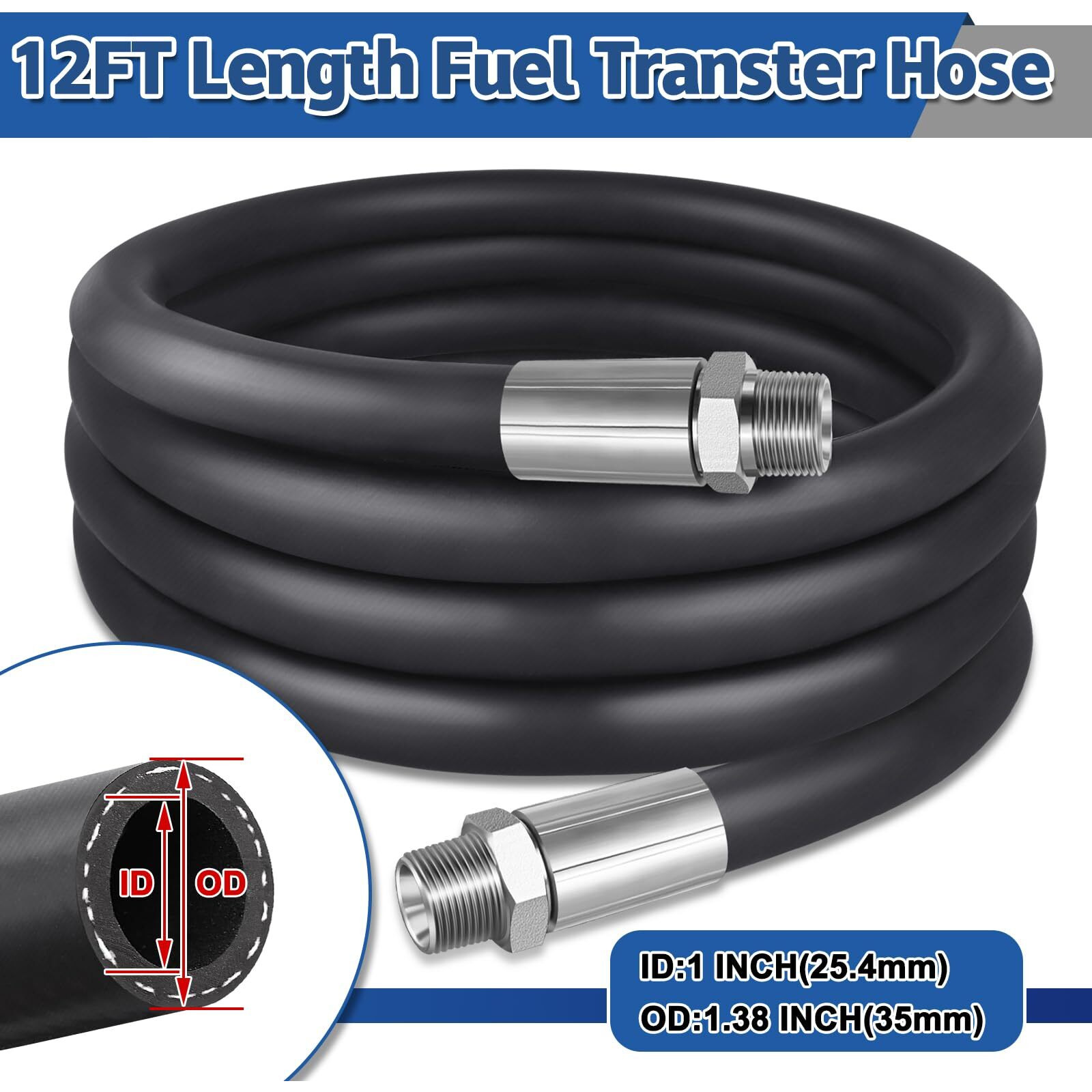 Boltigen Fuel Transfer Hose 1 Inch, 12 Feet Fuel Transfer Farm Pump Tank Tube Hose For Gasoline, Biodiesel, Dispensing Diesel, Kerosene, Petroleum Oils