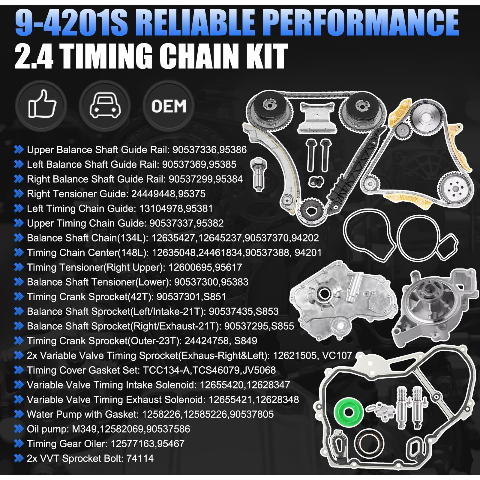 Hayiauto 2.4 Timing Chain Kit 9-4201S Water Pump Oil Pump Vct Solenoid Actuator Gear Guide Rail Sprocket Fit For Chevy Equinox Malibu,For Buick Lacrosse Regal Verano,For Gmc Terrain 2.4L 2.2L Ecotec