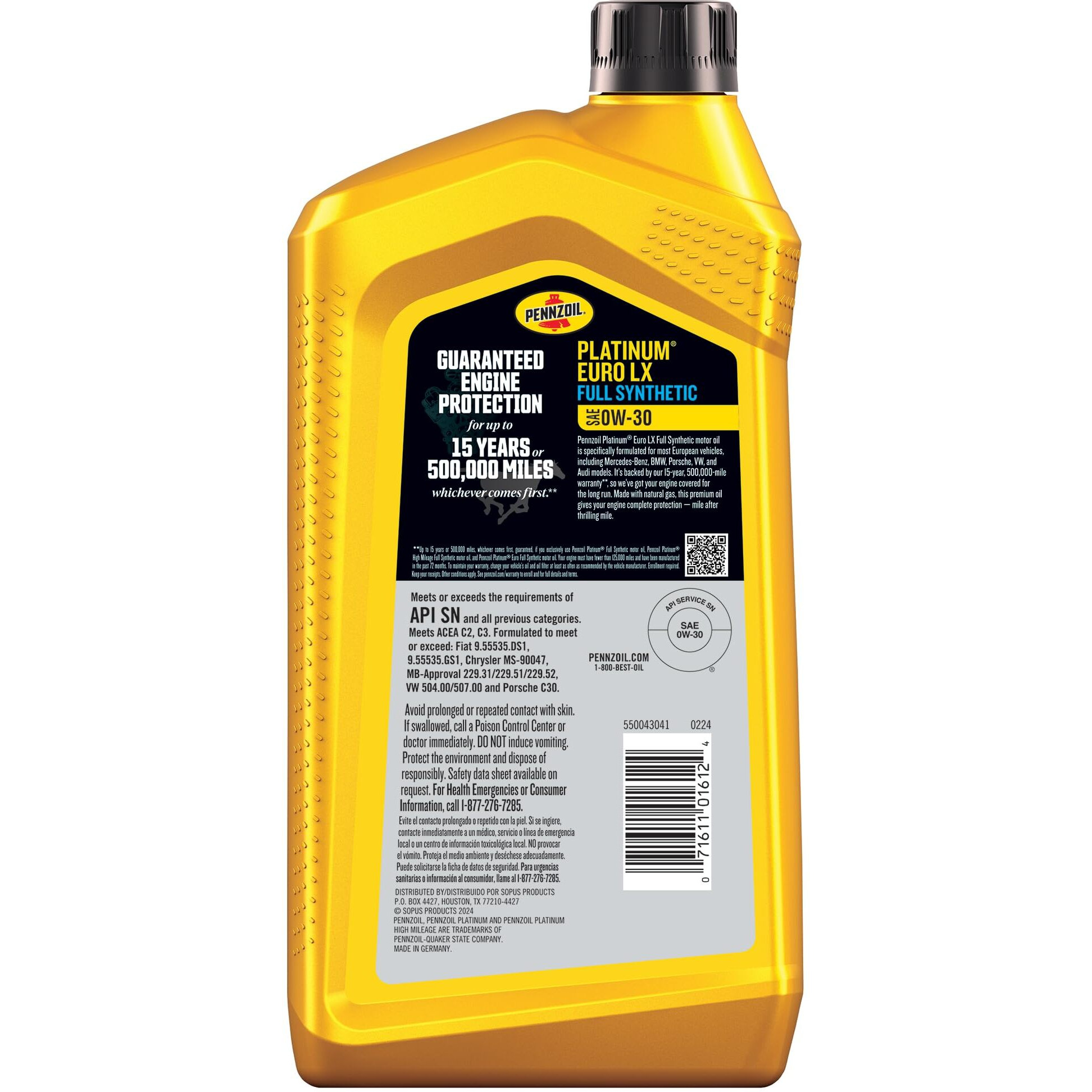 Pennzoil Platinum Euro Lx Full Synthetic 0W-30 Motor Oil, 1 Quart (6 Pack)