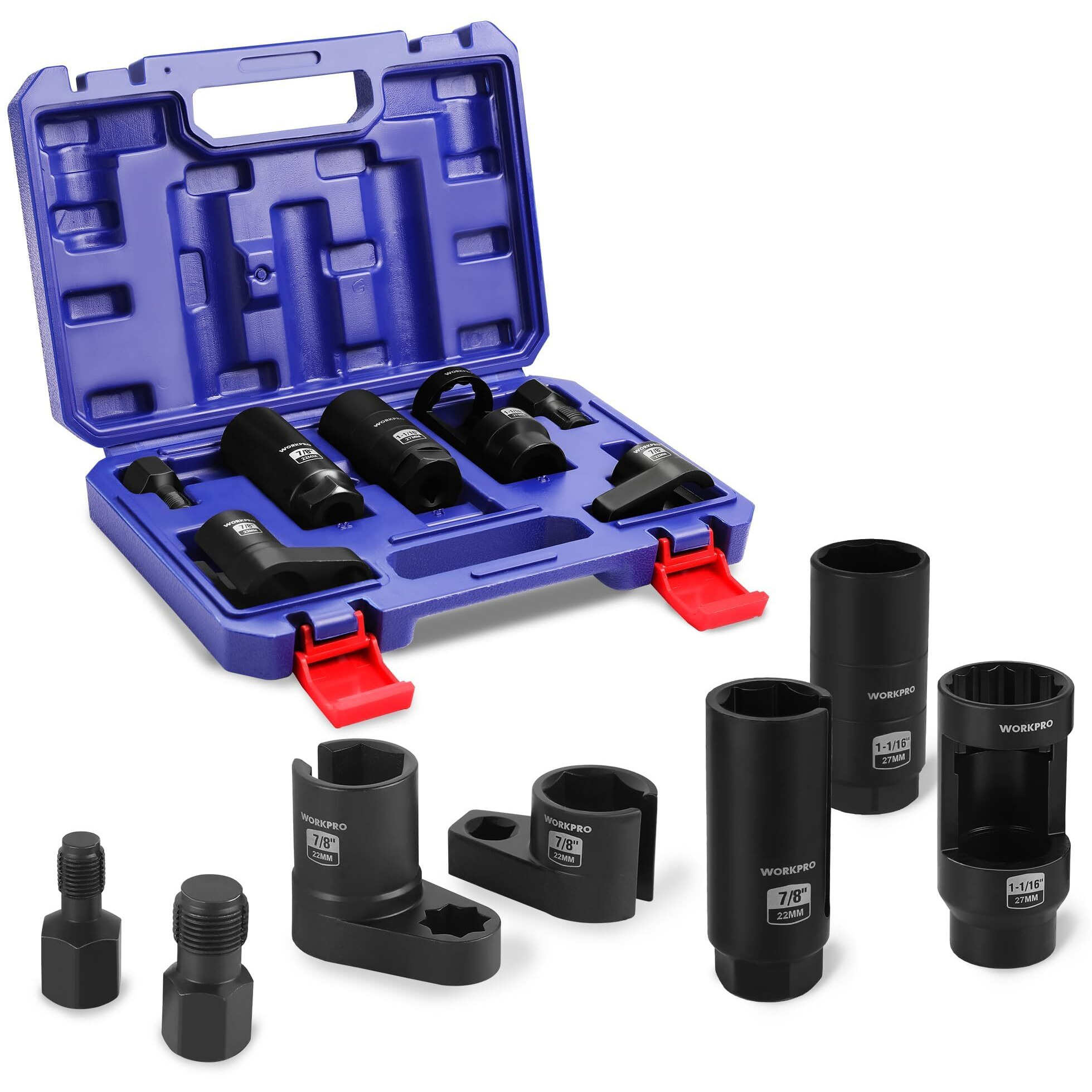 Workpro 7Pcs O2 Oxygen Sensor Socket, Automotive 3/8"" 1/2"" Drive X 1-1/16"" 7/8"" 27Mm 22Mm O2 Sensor Socket Removal Tool Wrench And Thread Chaser Set, For Oil Pressure Vacuum Thermal Oxygen Sensors