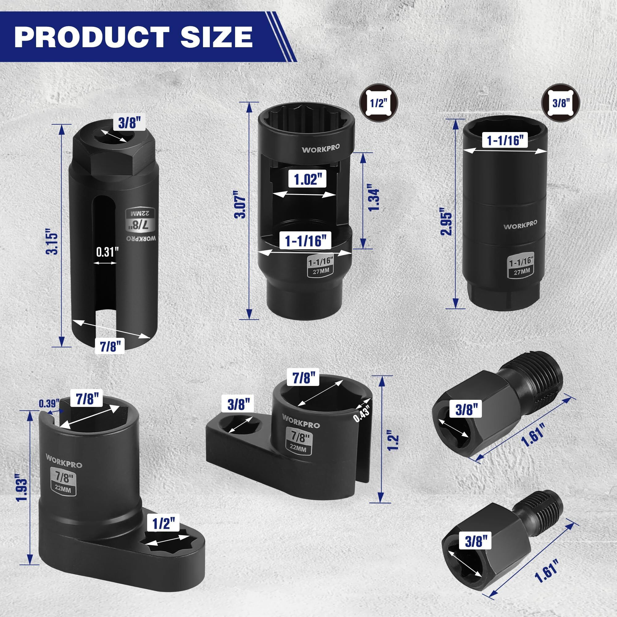 Workpro 7Pcs O2 Oxygen Sensor Socket, Automotive 3/8"" 1/2"" Drive X 1-1/16"" 7/8"" 27Mm 22Mm O2 Sensor Socket Removal Tool Wrench And Thread Chaser Set, For Oil Pressure Vacuum Thermal Oxygen Sensors