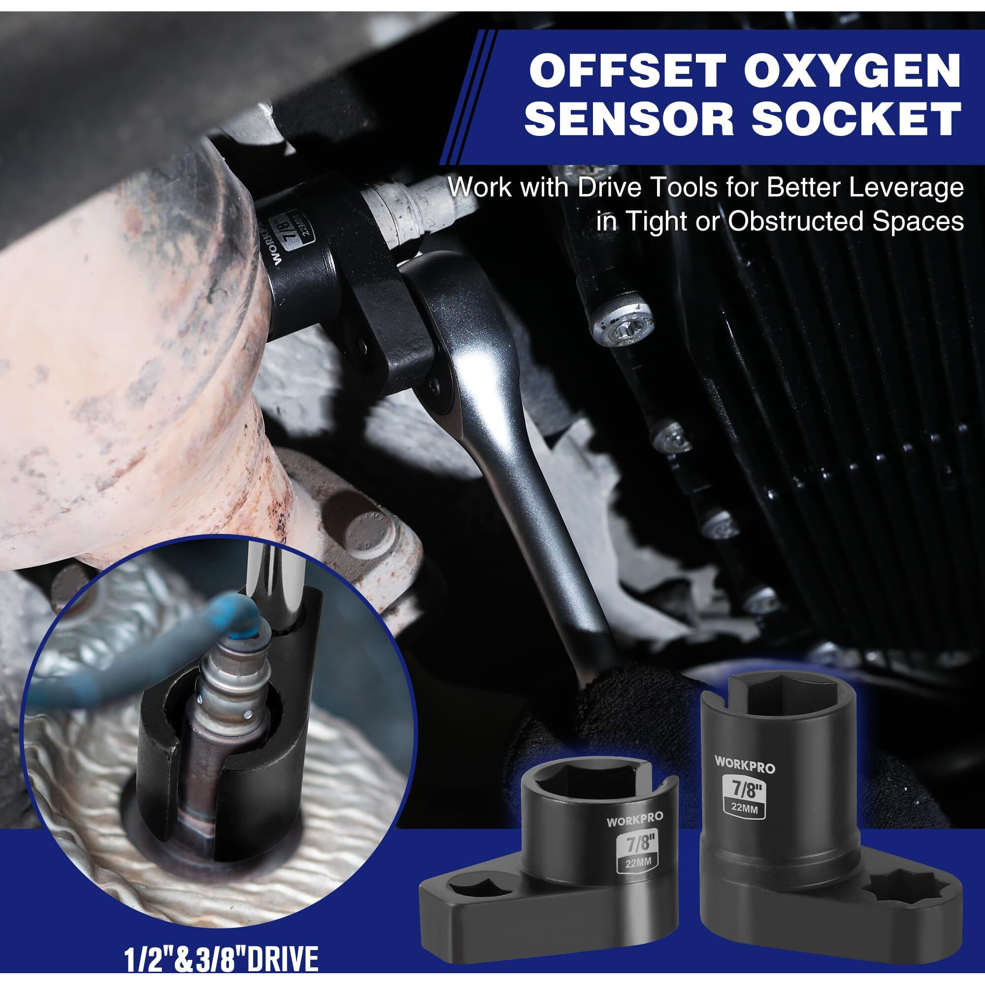 Workpro 7Pcs O2 Oxygen Sensor Socket, Automotive 3/8"" 1/2"" Drive X 1-1/16"" 7/8"" 27Mm 22Mm O2 Sensor Socket Removal Tool Wrench And Thread Chaser Set, For Oil Pressure Vacuum Thermal Oxygen Sensors