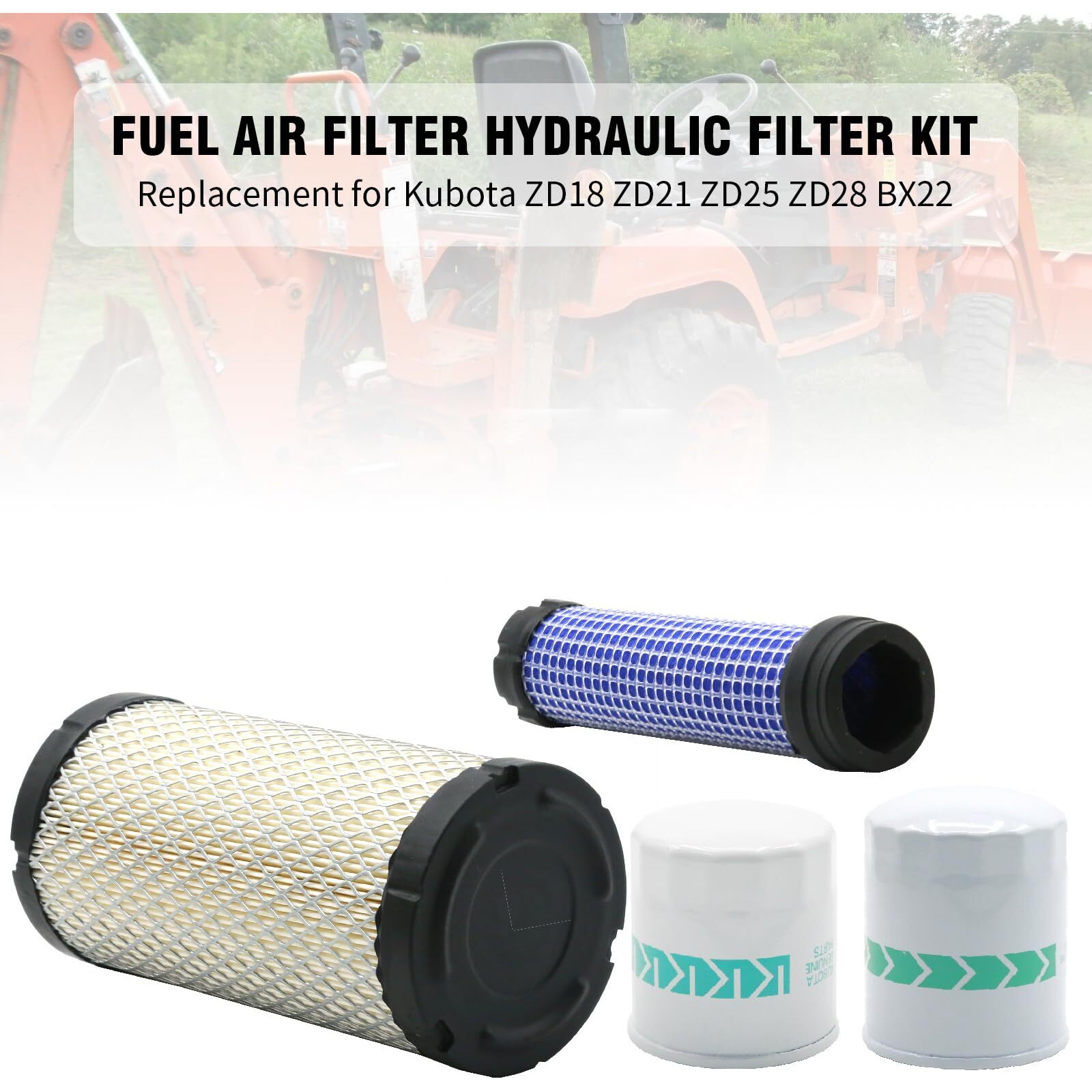 Hoypeyfiy 12581-43012 15853-32430 Oil Fuel Air Filter Hydraulic Filter Kit, Replacement For Kubota Bx22 Bx23 Bx24 Zd18 Zd21 Zd25 Gr2100 Gr2110 Gr2120, Replaces 150-32430, 12691-43010