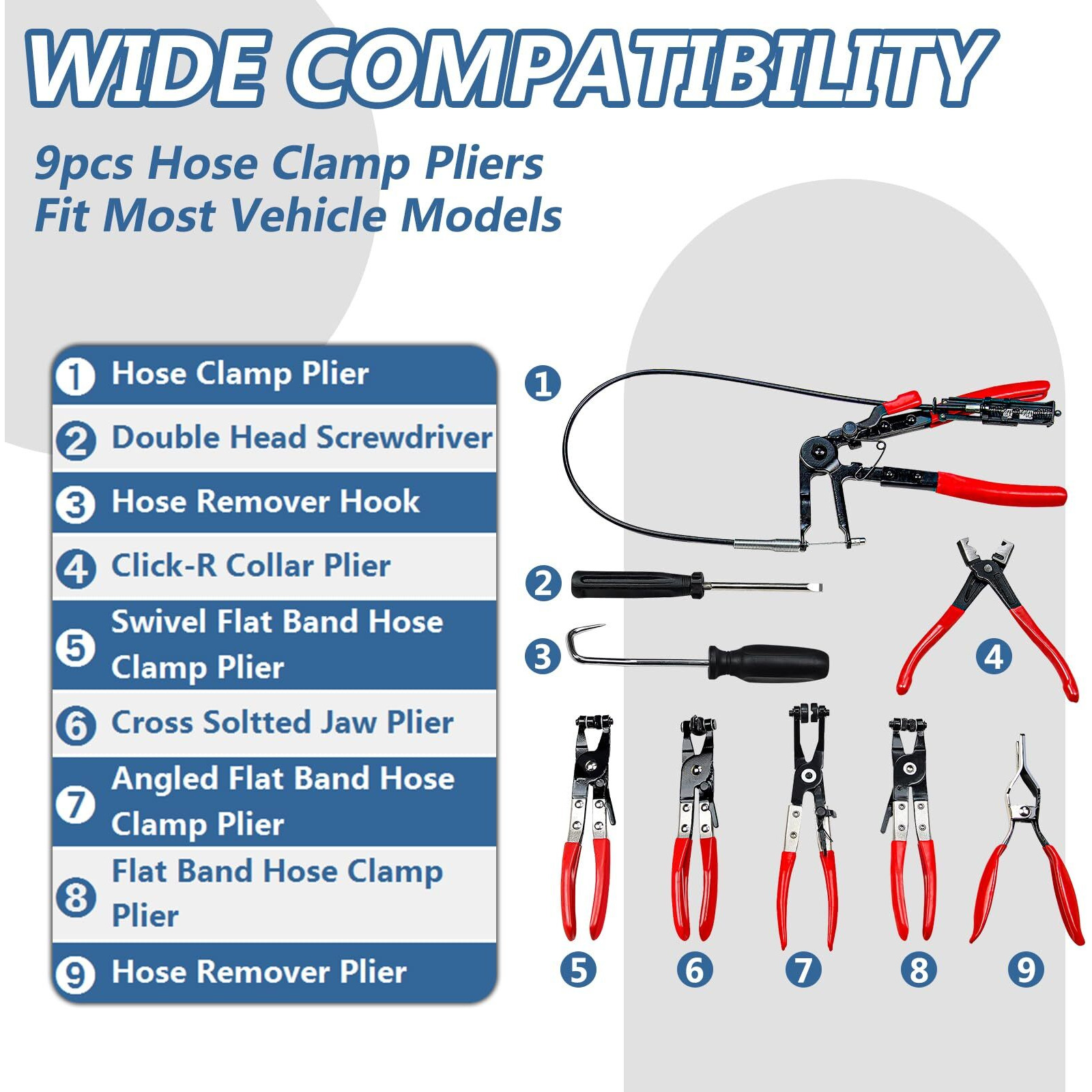 Bicos 9Pcs Hose Clamp Pliers, Wire Long Reach Hose Clamp Pliers Set For Automotive Coolant Radiator Heater And Water Hose With Band Flat Or Large Clamps Fuel Oil Water Hose Auto Tools