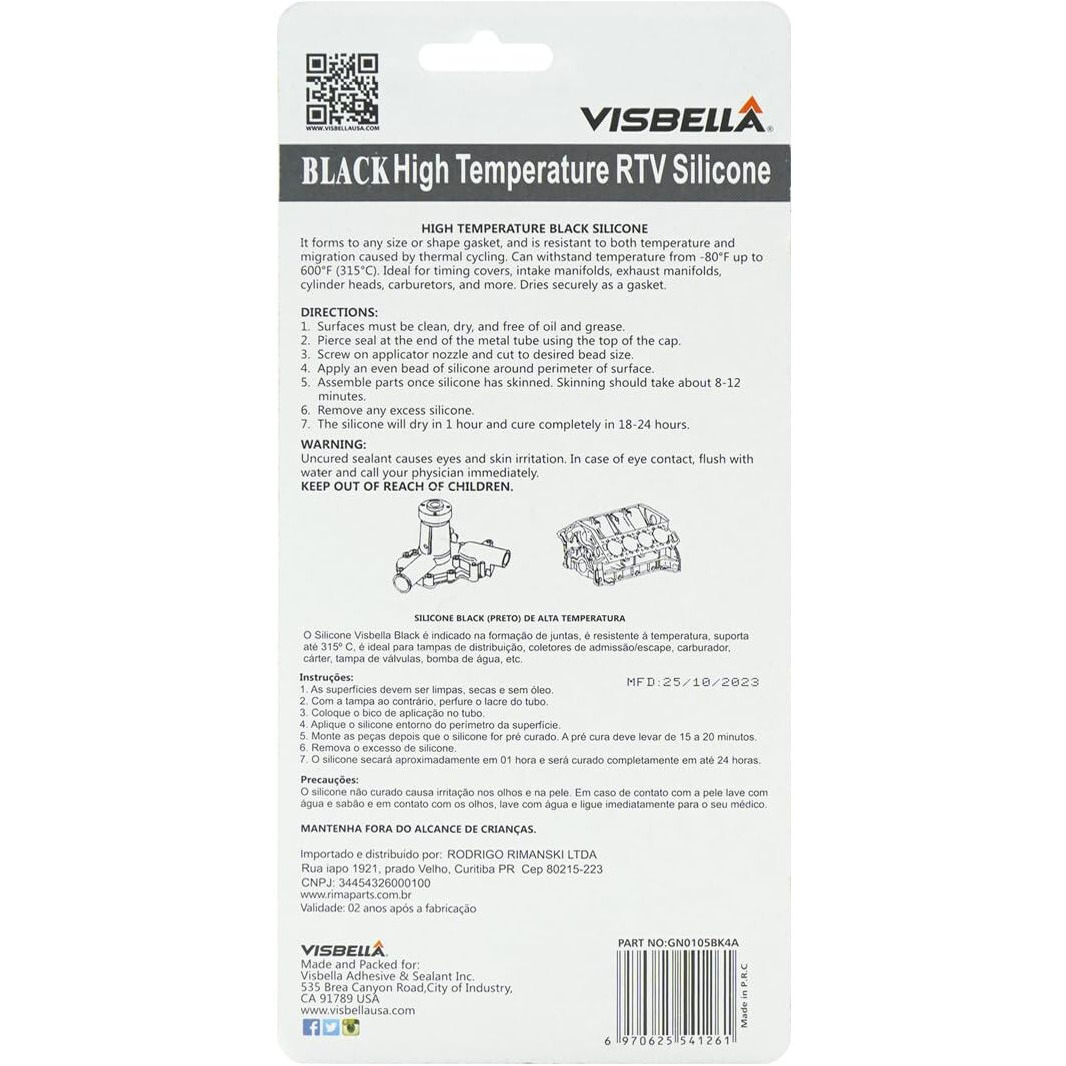 Visbella High Temperature Rtv Silicone Gasket Maker, Sealed Oil Resistant Waterproof Quick Dry Liquid For Bonding Internal Combustion, Steam Turbines, Automotive Engine Parts 3.7Oz (Black)