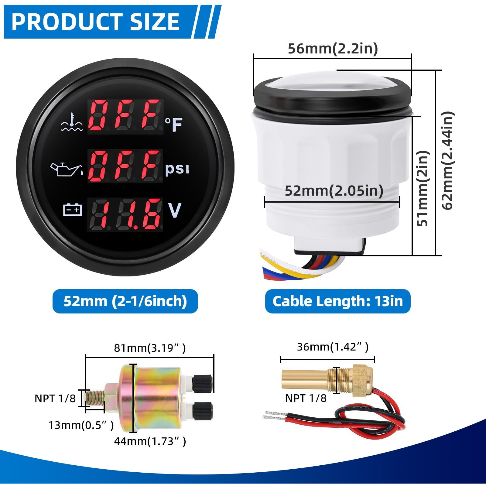 Mh Triple Gauge Set - Water Temp (104F-248F), Oil Pressure (0-145Psi), Voltmeter (9-32V), Auto Gauge With Sensors 2"" 52Mm 3-In-1 Boat Marine Meter Kit (Black)
