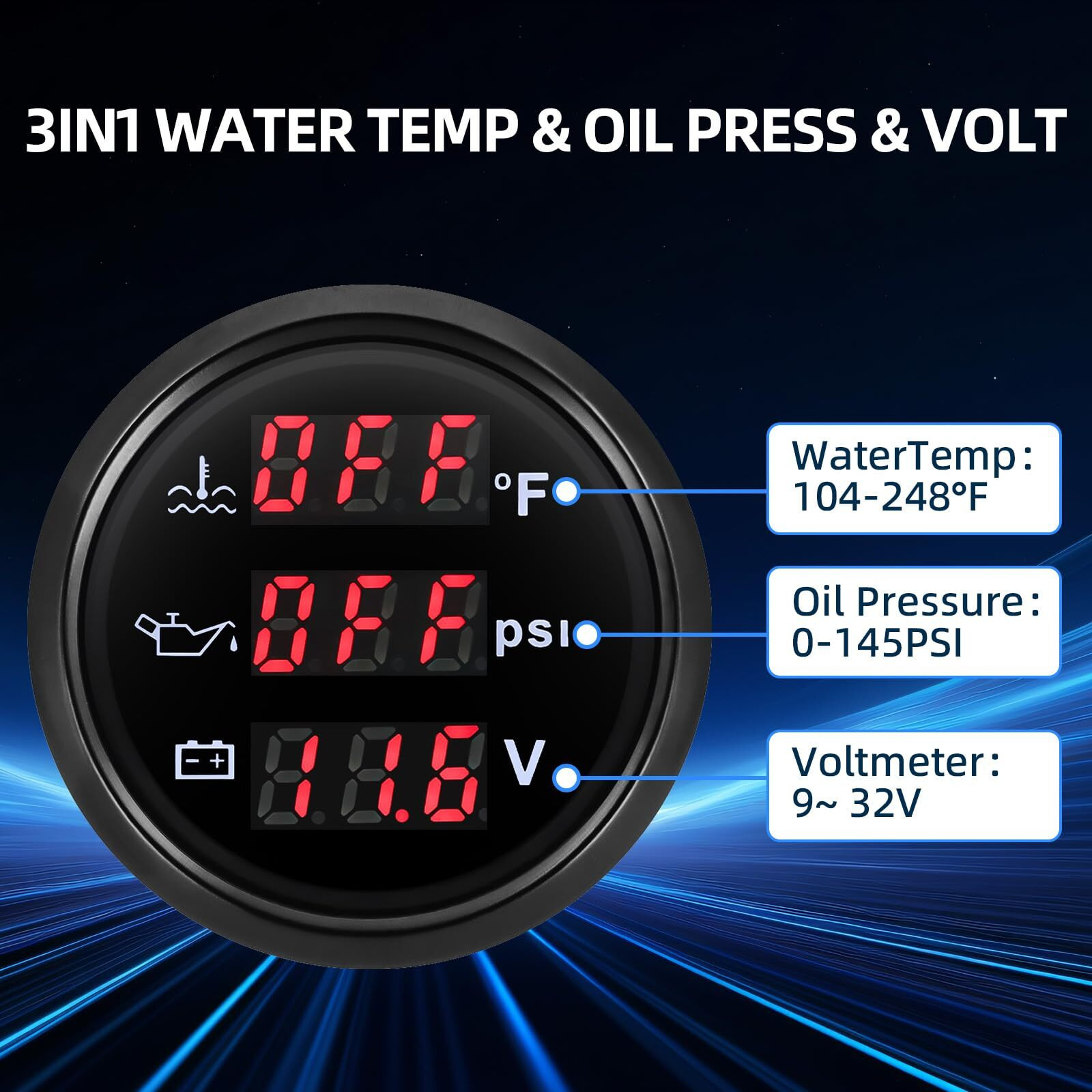 Mh Triple Gauge Set - Water Temp (104F-248F), Oil Pressure (0-145Psi), Voltmeter (9-32V), Auto Gauge With Sensors 2"" 52Mm 3-In-1 Boat Marine Meter Kit (Black)