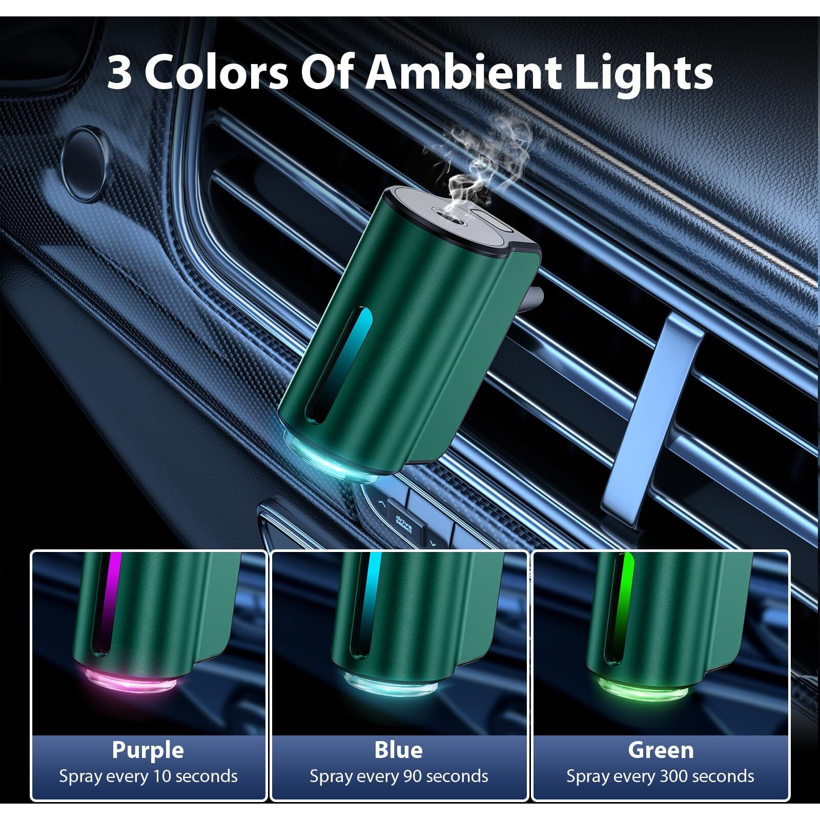 Smart Car Air Freshener, Car Air Freshener Diffuser, Car Diffuser Air Freshener With Three Adjustable Modes, Aromatizante Para Carro, Car Diffuser With 8Pcs Essential Oil (Green)