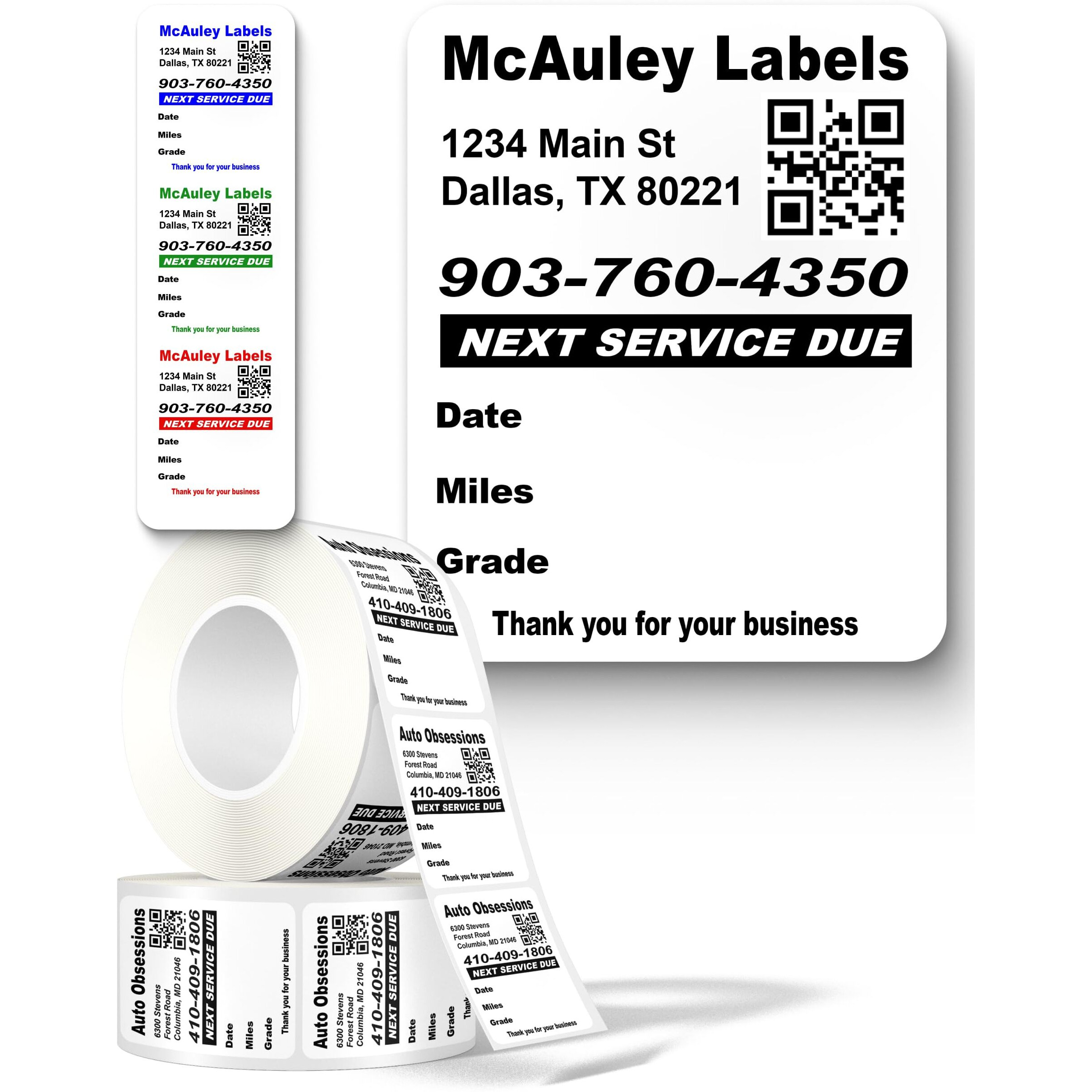 Mcauley Labels Custom Oil Change Stickers, Windshield, Door Jamb - Durable, Easy To Write On, Easy To Peel Off - With Qr Code, 1.875X2.275 Inches