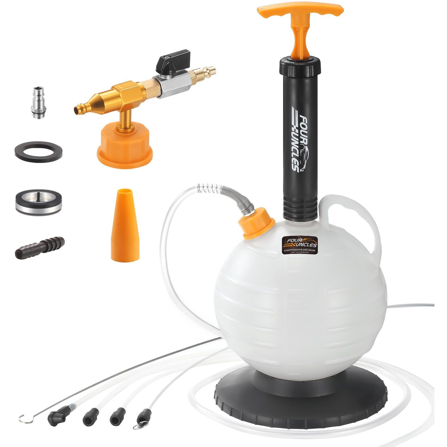 Four Uncles 6L Pneumatic/Manual Oil Extractor Pump - Fluid Extractor With 59"" Main Hose, Three 41"" Extension Tubes For Automotive Oil Change, A Brake Bleeding Hose For Brake Fluid Change