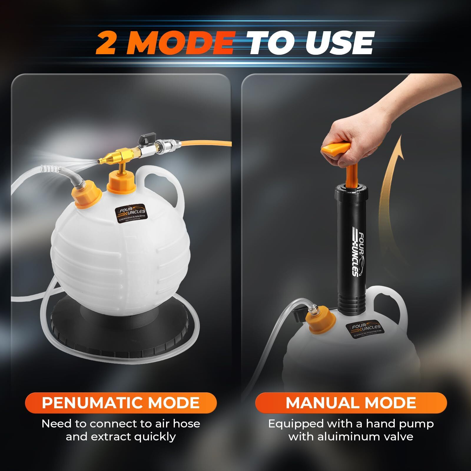 Four Uncles 6L Pneumatic/Manual Oil Extractor Pump - Fluid Extractor With 59"" Main Hose, Three 41"" Extension Tubes For Automotive Oil Change, A Brake Bleeding Hose For Brake Fluid Change