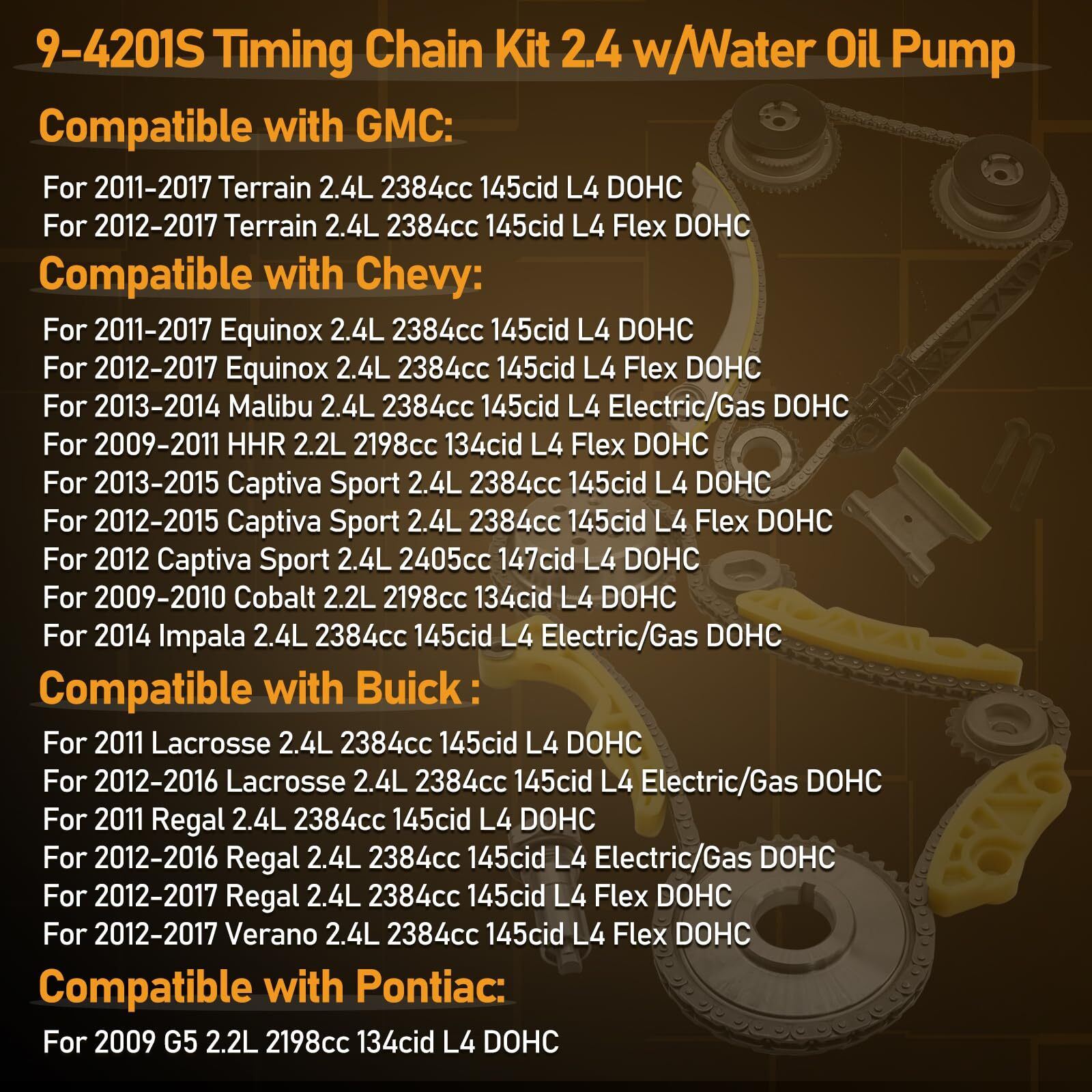Timing Chain Kit 2.4L Fits For 2009-2017 Gmc Terrain Chevy Equinox Malibu Captiva Cobalt Hhr Buick Lacrosse Regal Verano, W/Water Oil Pump 2.4 Ecotec Vct Selenoid Actuator Gear 9-4201S 9-4201Sx