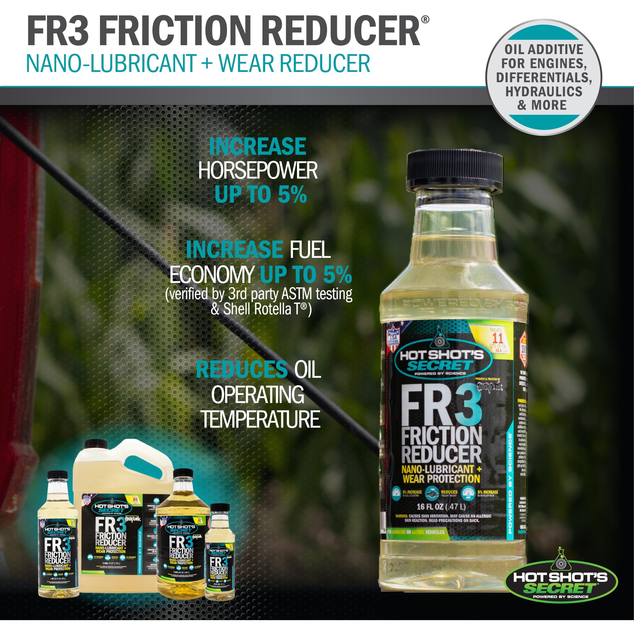 Hot Shot's Secret Friction Reducer Fr3 1 Gallon Synthetic Oil Additive Protects Engine & Improves Performance, Friction Modifier For Gas & Deisel Engines Increases Fuel Economy Hssfr332Z