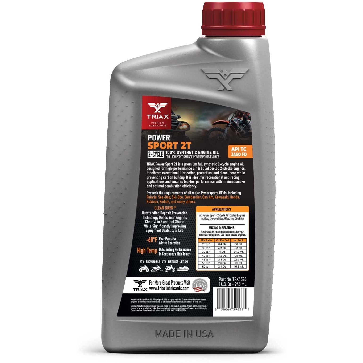 Triax Power Sport 2T Full Synthetic, All Season, 2 Cycle Oil - For High-Performance Powersport Engines - Atv, Utv, Snowmobile, Wave Runner, Jet Ski, Dirt Bike (1 Quart)
