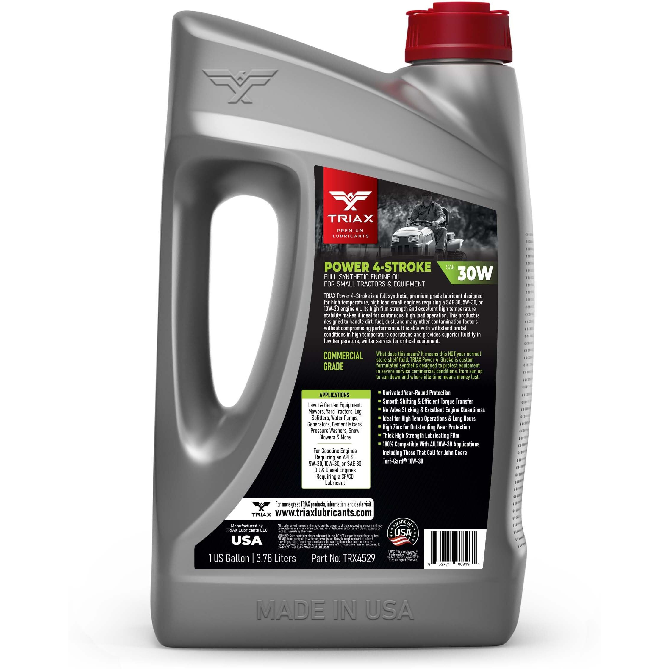 Triax Power 4-Stroke 30W Full Synthetic, 4 Stroke Full Synthetic Small Engine Oil, Garden Tractors And Other Power Equipment (4 Gallon Pack)