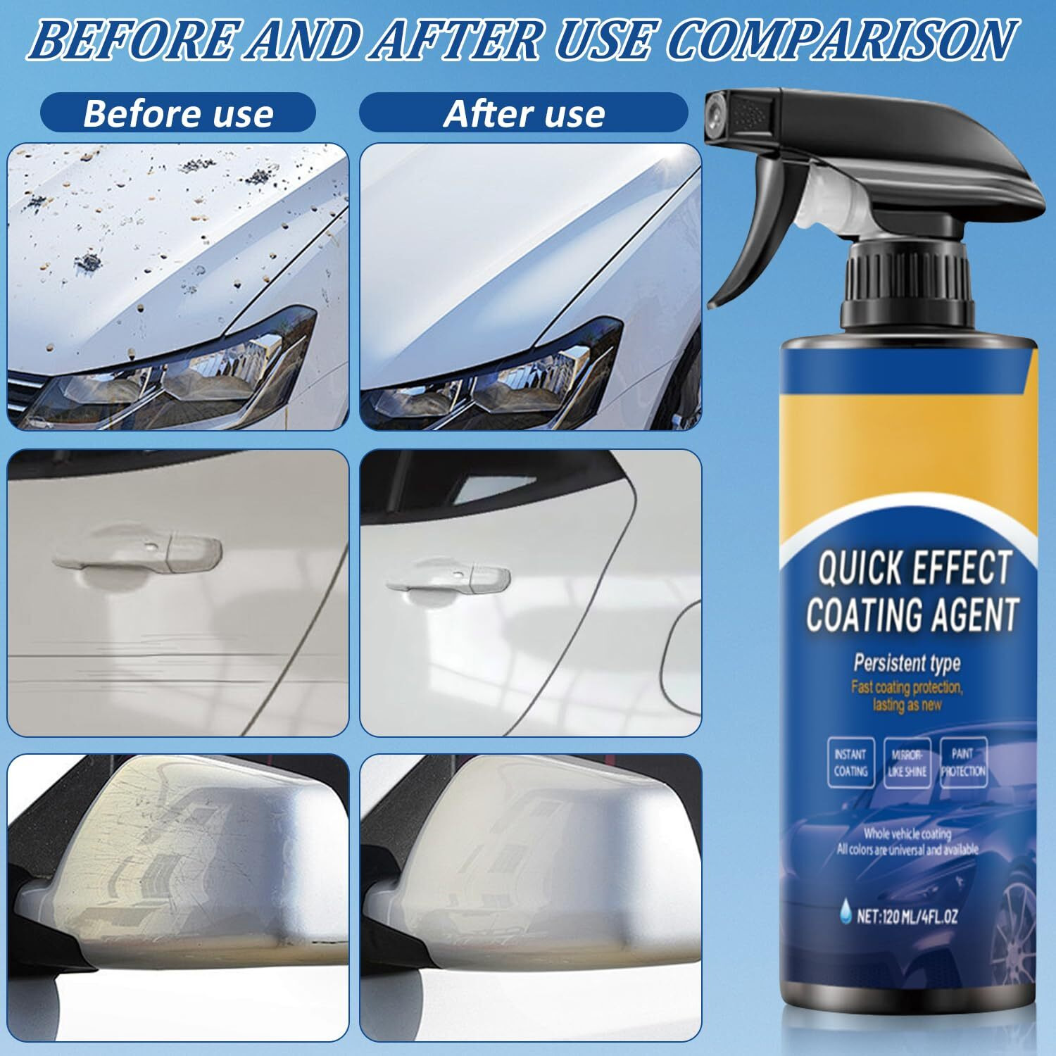 Car Coating Spray,New Quick Effect Coating Agent Spray,Quickly Coat Car Wax,Car Scratch Wax Polish Sprays Waterless Wash,Oil Film Emulsion Glass Cleaner With Sponge And Cloth,4Ft.Oz (2Pcs)