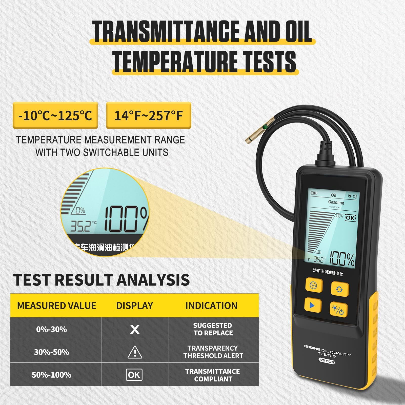 Beley Engine Oil Tester & Motorcycle Oil Change Kit- Gasoline/Diesel Diagnostic Tool, 31.5In Probe, Temp Test, 2.8In Display (4 Batteries)