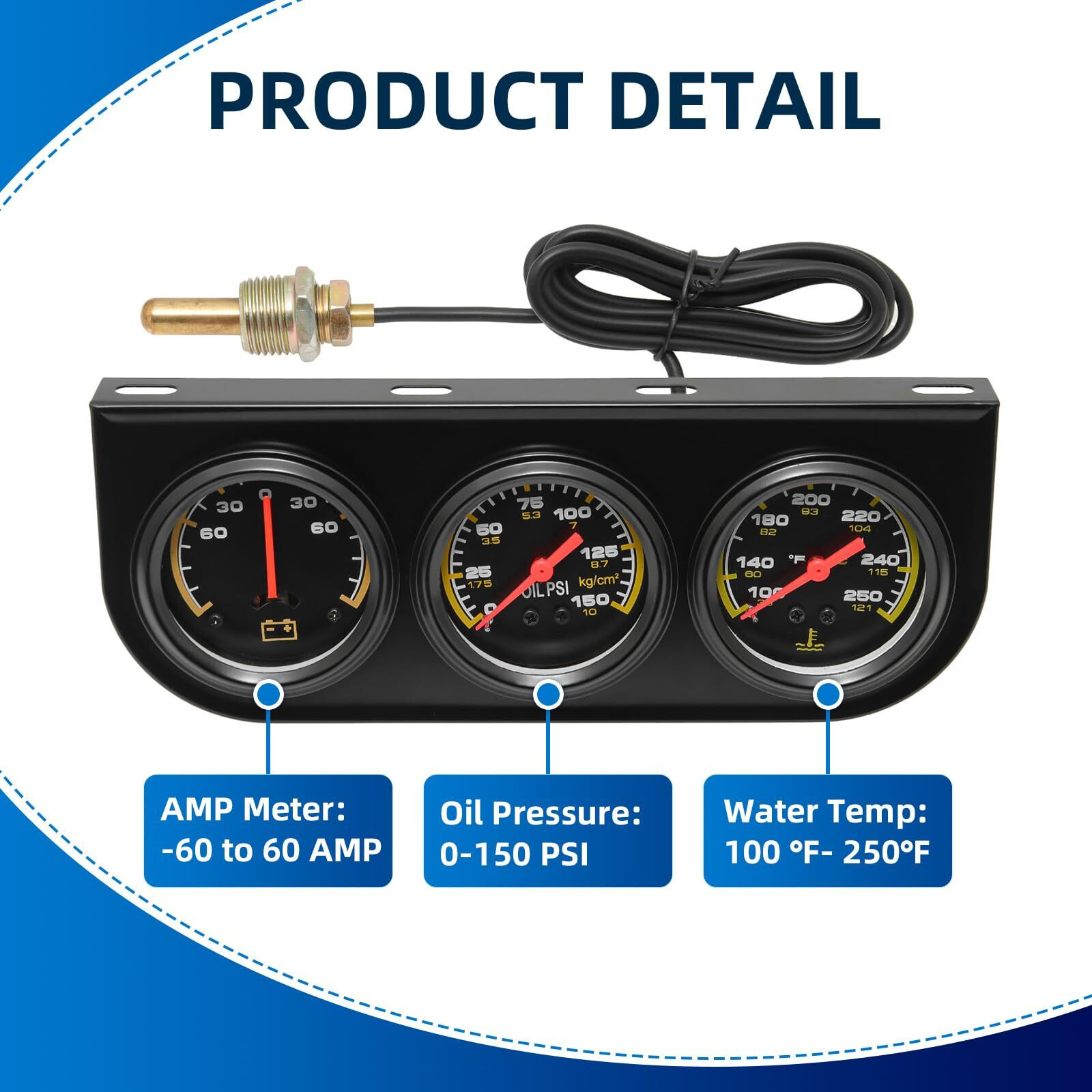 Mh 2Inch 52Mm Triple Gauge Set, Oil Pressure Gauge(0-150Psi) Water Temperature (100F-280F) Ammeter (-60 To 60Amp) Car Auto 3 Gauge Cluster Set Kit