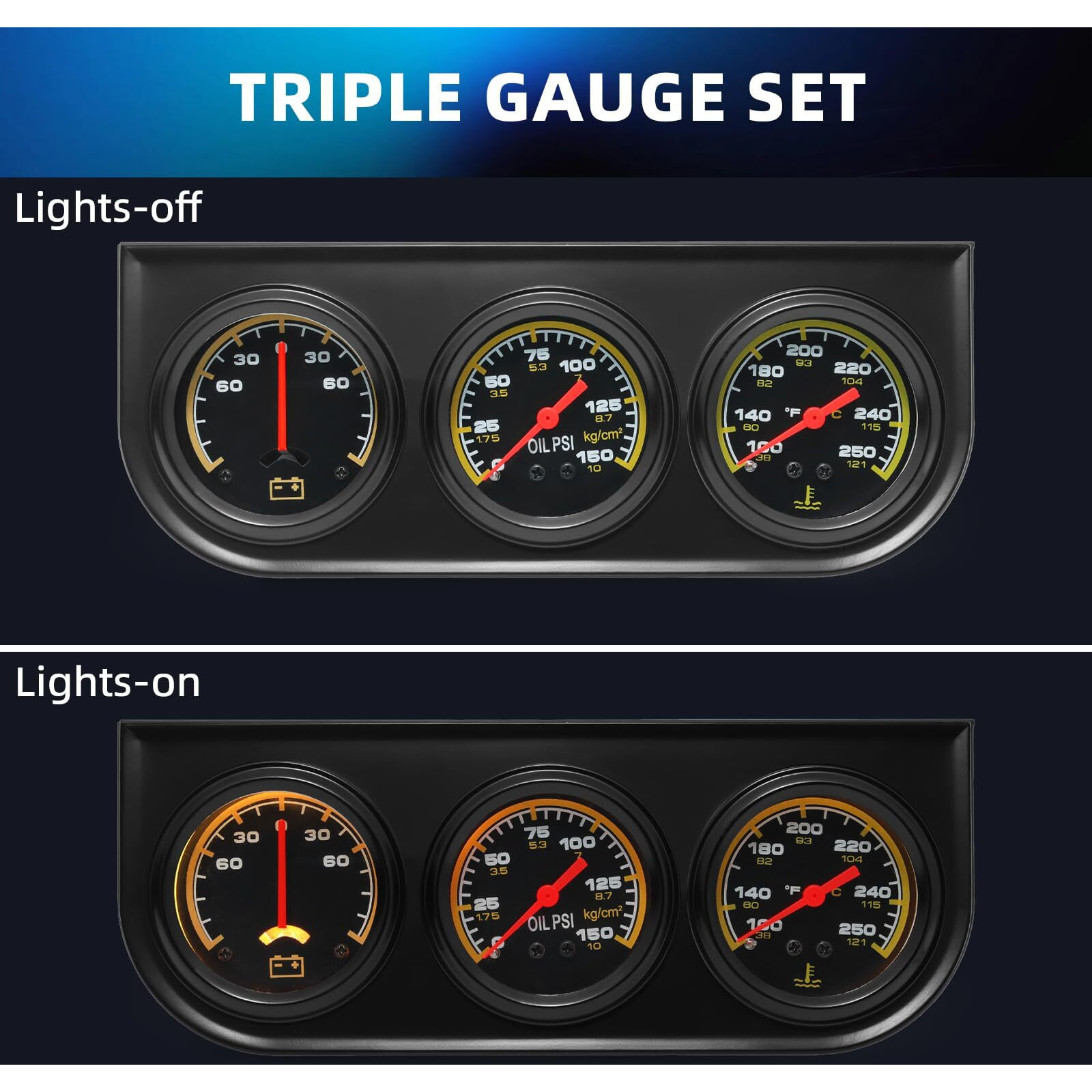 Mh 2Inch 52Mm Triple Gauge Set, Oil Pressure Gauge(0-150Psi) Water Temperature (100F-280F) Ammeter (-60 To 60Amp) Car Auto 3 Gauge Cluster Set Kit
