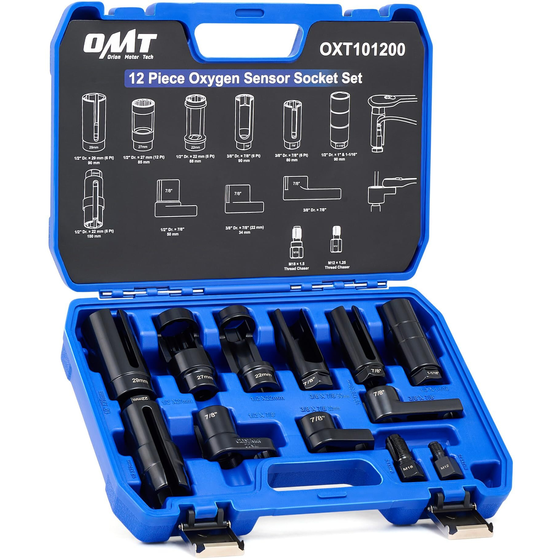 Orion Motor Tech 12Pc Oxygen Sensor Socket Set, O2 Sensor Removal Tool And Thread Chaser Set With 22Mm 27Mm 29Mm 7/8"" 1-1/16"" Sockets 1/2"" 3/8"" Drive, For Oil Pressure Vacuum Thermal Oxygen Sensors