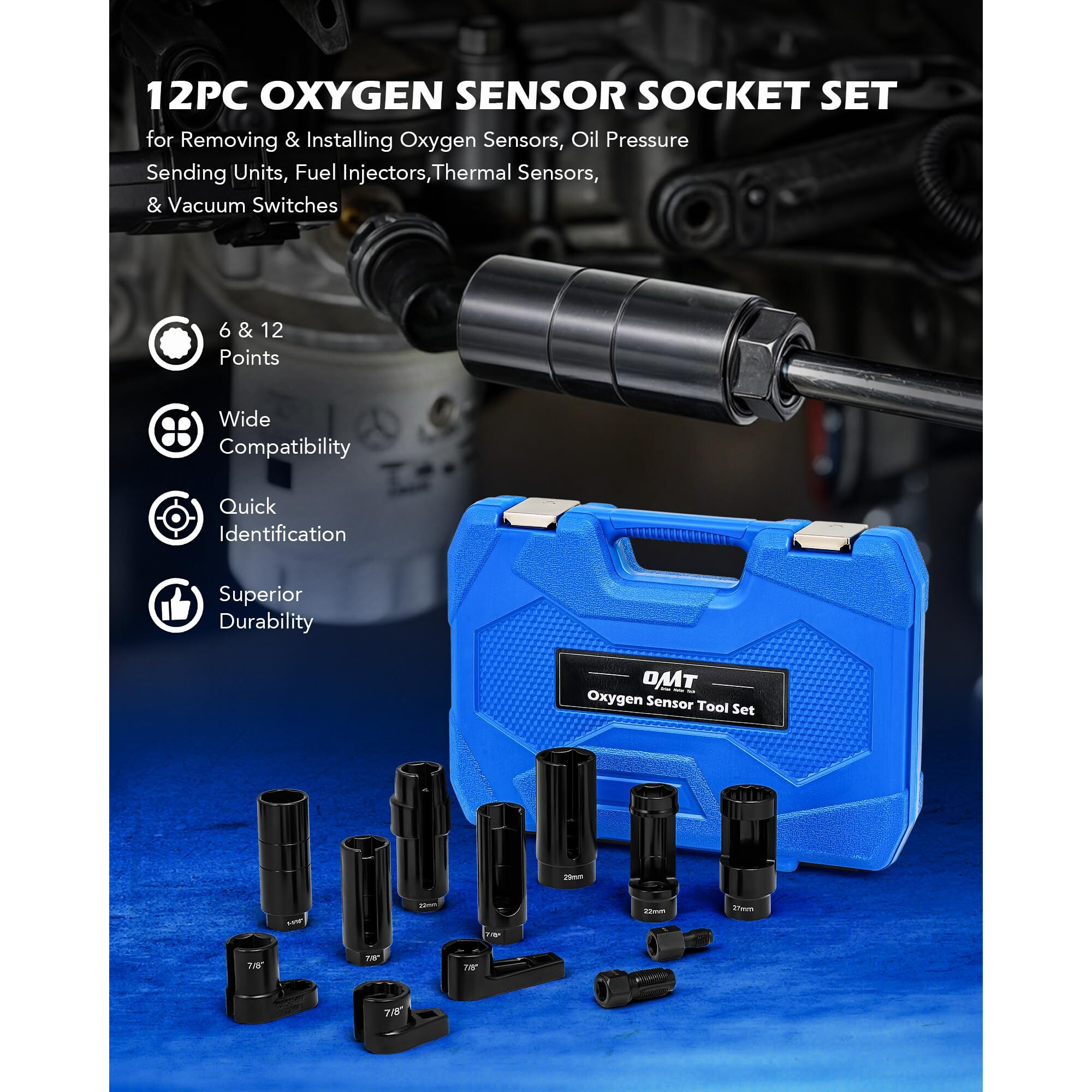Orion Motor Tech 12Pc Oxygen Sensor Socket Set, O2 Sensor Removal Tool And Thread Chaser Set With 22Mm 27Mm 29Mm 7/8"" 1-1/16"" Sockets 1/2"" 3/8"" Drive, For Oil Pressure Vacuum Thermal Oxygen Sensors