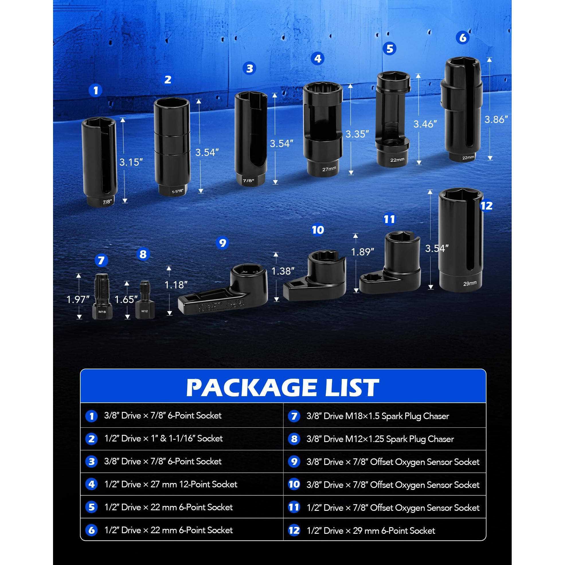 Orion Motor Tech 12Pc Oxygen Sensor Socket Set, O2 Sensor Removal Tool And Thread Chaser Set With 22Mm 27Mm 29Mm 7/8"" 1-1/16"" Sockets 1/2"" 3/8"" Drive, For Oil Pressure Vacuum Thermal Oxygen Sensors
