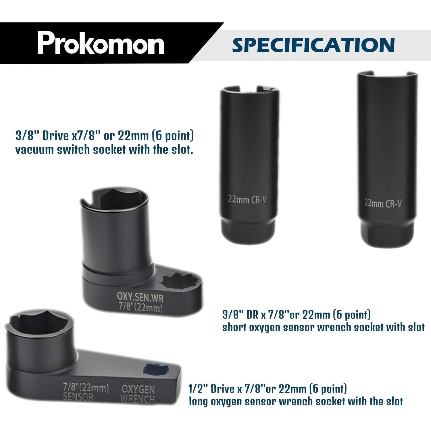 Prokomon 7 Pieces Oxygen Sensor Socket Set Oxygen O2 Sensor Wrench Removal Tool Oil Pressure Sensor Socket 22Mm (7/8 In) 27Mm 29Mm (7)
