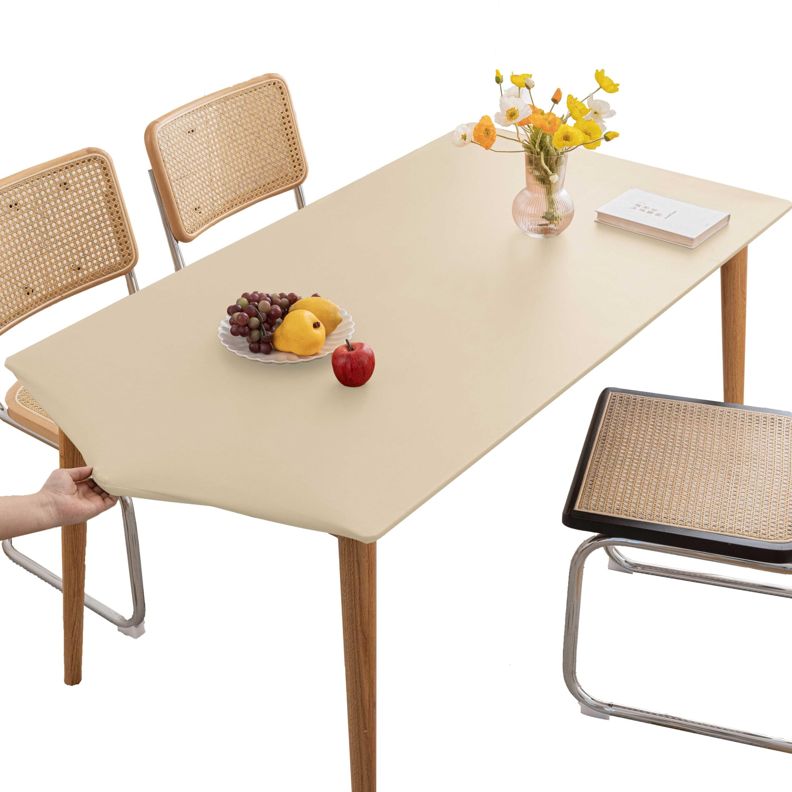 Huierxun Pu Stretch Fitted Rectangle Tablecloth With Elastic Edge 24 X 47 Inch Waterproof Oil Proof Table Cloth Wipeable Table Cover For Indoor Outdoor Furniture Protect (Beige,24"&quotX47"")