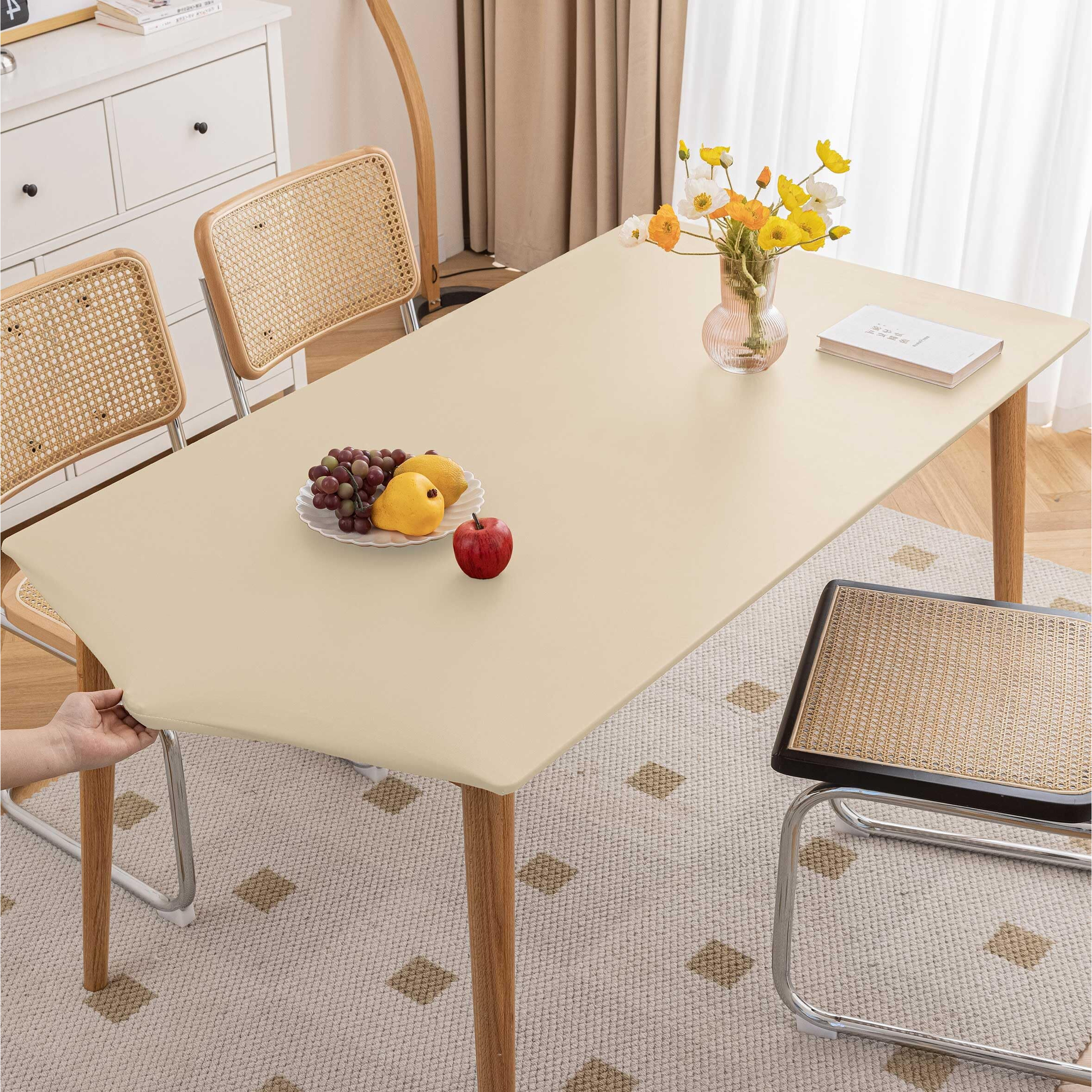 Huierxun Pu Stretch Fitted Rectangle Tablecloth With Elastic Edge 24 X 47 Inch Waterproof Oil Proof Table Cloth Wipeable Table Cover For Indoor Outdoor Furniture Protect (Beige,24"&quotX47"")