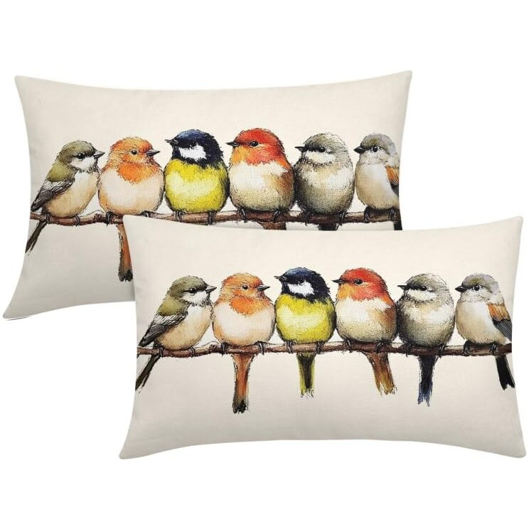 Oil Painted Birds Lumbar Pillow Covers 12X20 Inch Set Of 2 Cute Spring Summer Bird Rustic Decorative Pillow Cases Outdoor Linen Square Cushion Cover Farmhouse Decor For Bedroom Home Sofa Couch Bed