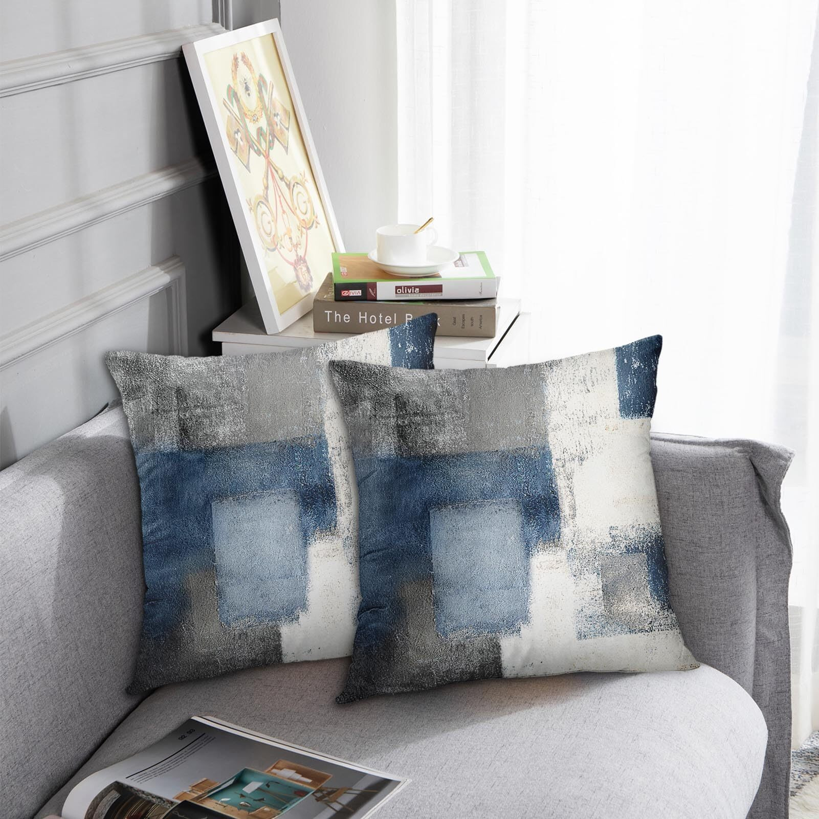 Britimes Throw Pillow Covers Modern Home Art Decor, 18 X 18 Inches Set Of 2 Pillow Cases Decorative, Abstract Oil Painting Pillowcases For Bedroom, Living Room, Cushion Couch Sofa, Navy Blue White