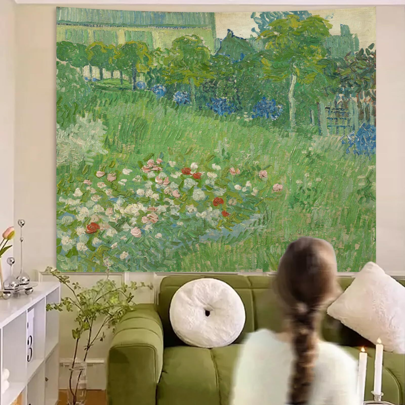 Avinyl Van Gogh Wall Art Poster, Green Spring Garden Tapestry Dorm Room Decor, Vintage Small Floral And Plant Wall Hanging, Green Oil Painting Tapestries For Bedroom Teen Girl 39In X 51In