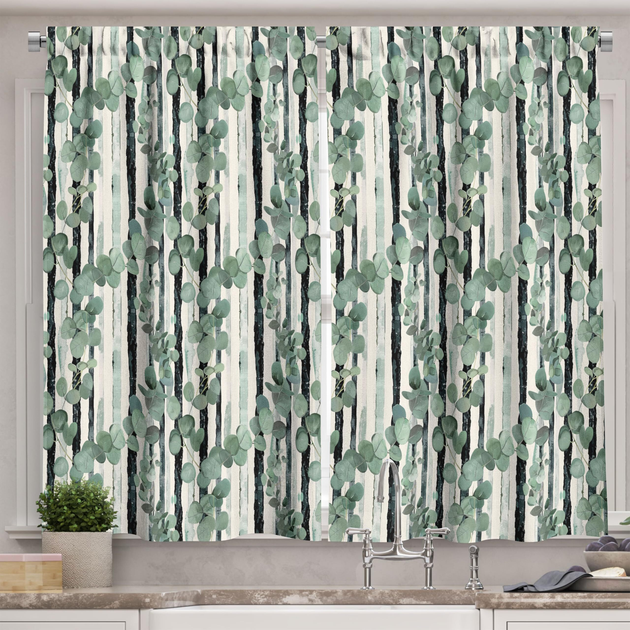 Ambesonne Eucalyptus Kitchen Curtains, Art Modern Oil Paint Print Of Leaves With Brushstroke Vertical Stripes, Window Drapes 2 Panel Set For Kitchen Cafe Decor, 55"" X 24"", Sage Green Evergreen