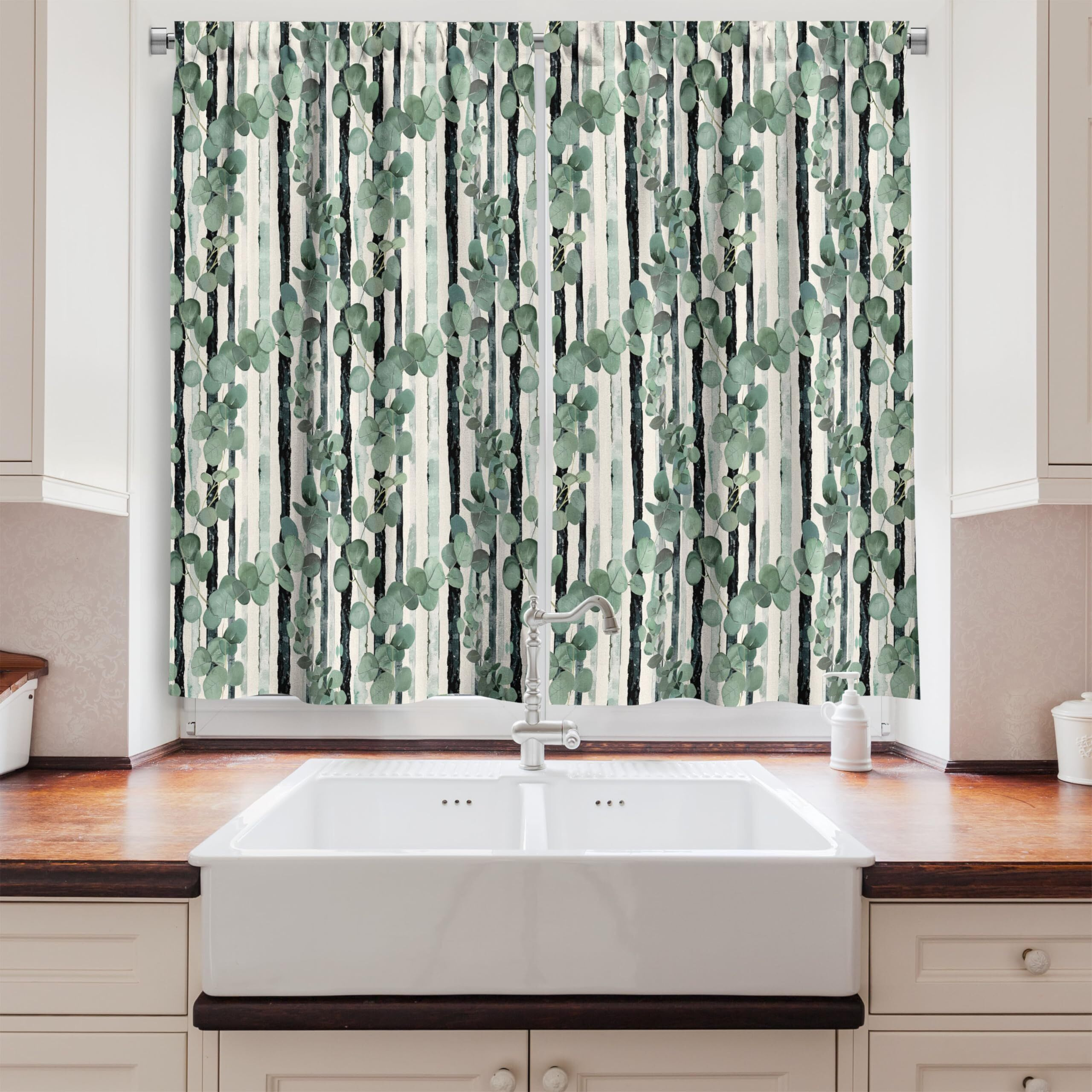 Ambesonne Eucalyptus Kitchen Curtains, Art Modern Oil Paint Print Of Leaves With Brushstroke Vertical Stripes, Window Drapes 2 Panel Set For Kitchen Cafe Decor, 55"" X 24"", Sage Green Evergreen