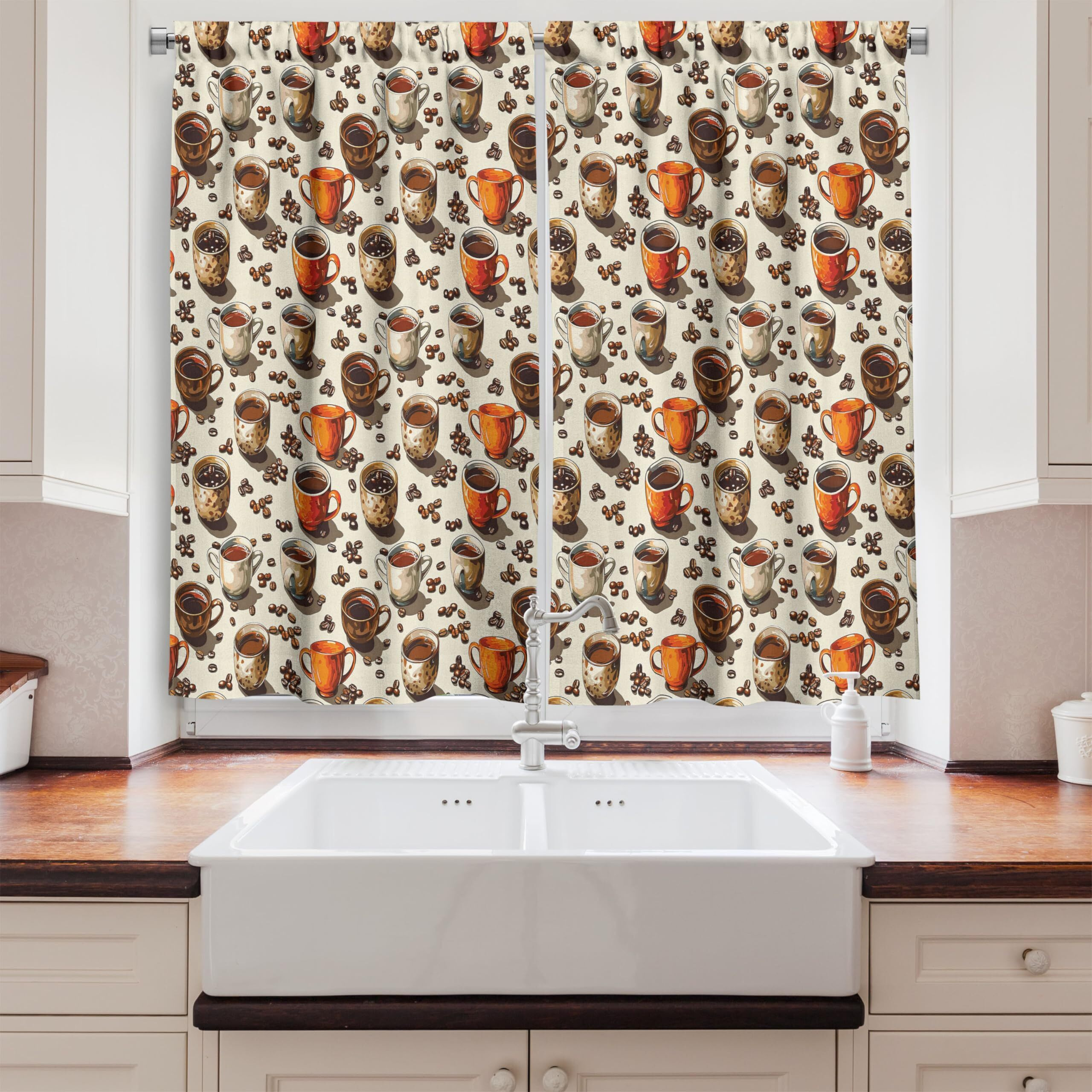 Ambesonne Brown Kitchen Curtains, Contemporary Oil Paint Print Art Of Mugs With Coffee And Roasted Beans, Window Drapes 2 Panel Set For Kitchen Cafe Decor, 55"" X 36"", Amber Brown And Beige