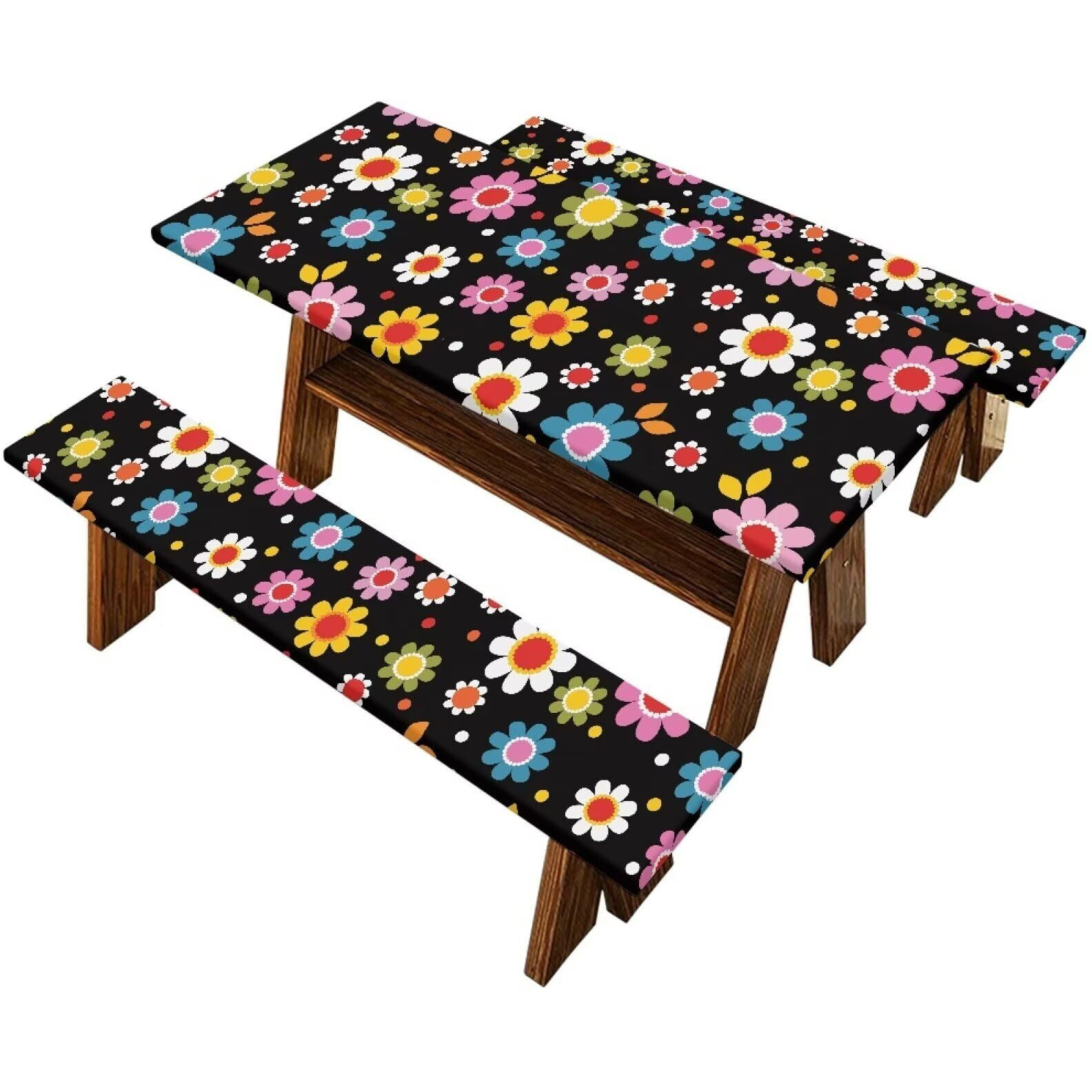 Binienty Picnic Table Cover With Bench Covers, Wind Resistance, Water And Oil Proof, Strong Resistance To Fading, For Outdoor And Camping,3 Piece, Retro Hippie Flower