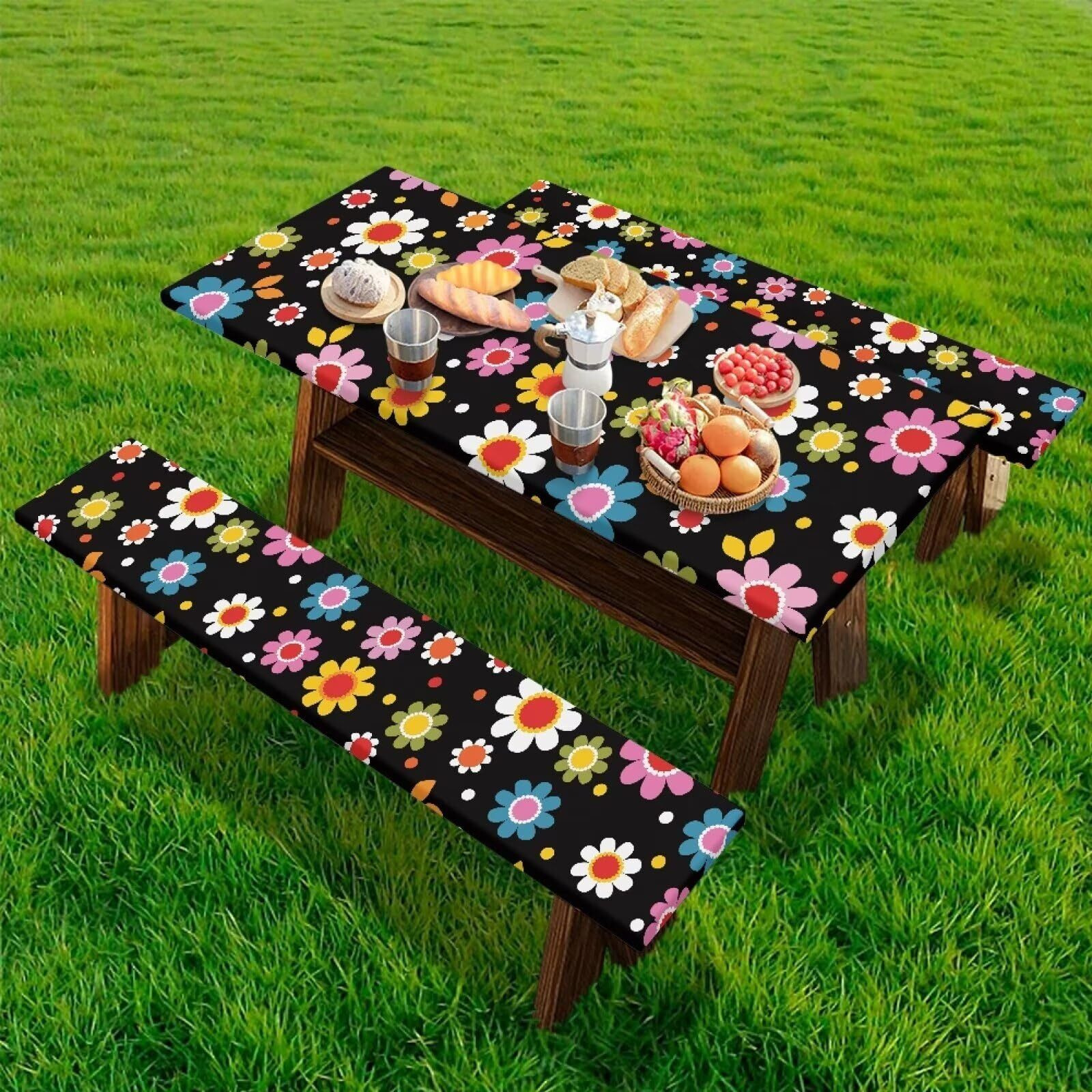 Binienty Picnic Table Cover With Bench Covers, Wind Resistance, Water And Oil Proof, Strong Resistance To Fading, For Outdoor And Camping,3 Piece, Retro Hippie Flower