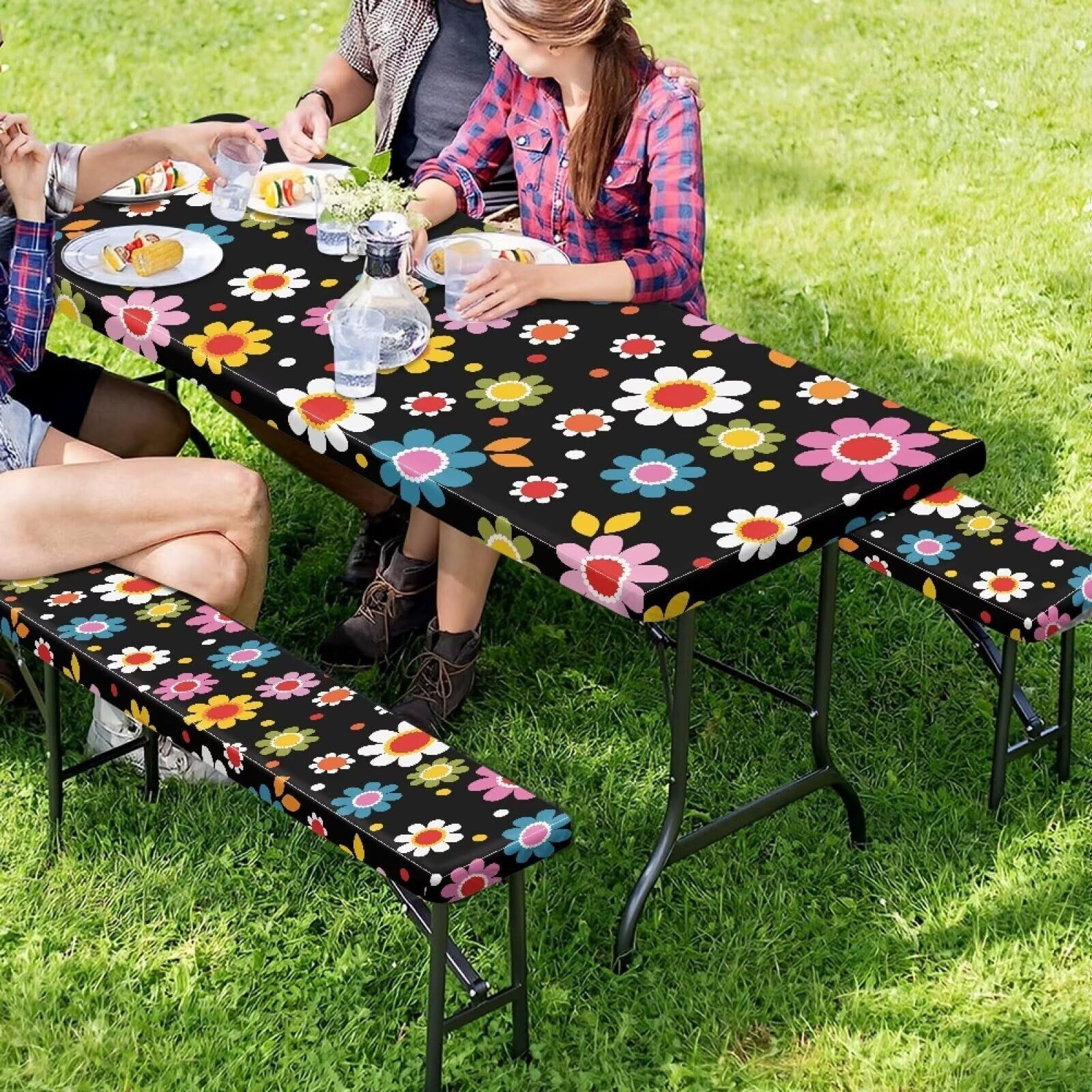 Binienty Picnic Table Cover With Bench Covers, Wind Resistance, Water And Oil Proof, Strong Resistance To Fading, For Outdoor And Camping,3 Piece, Retro Hippie Flower