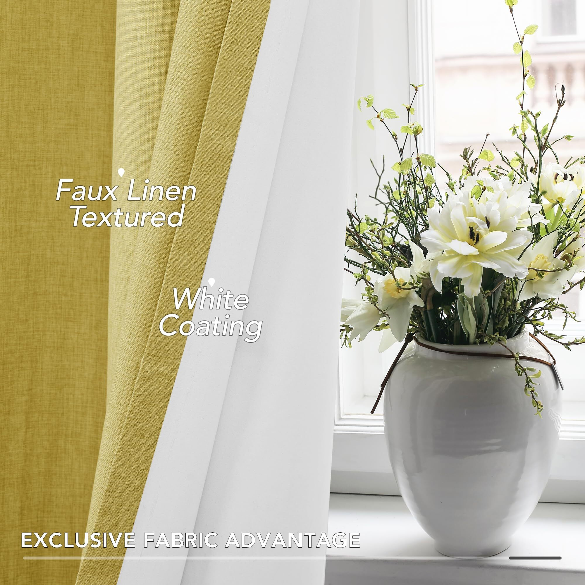 Deconovo 100% Blackout Linen Textured Curtains - Thermal Insulated Energy-Saving Drapes For Bedroom & Living Room - Noise Reducing, Room Darkening, 2 Panels(Olive Oil,52W X 63L Inch, 2 Panels)
