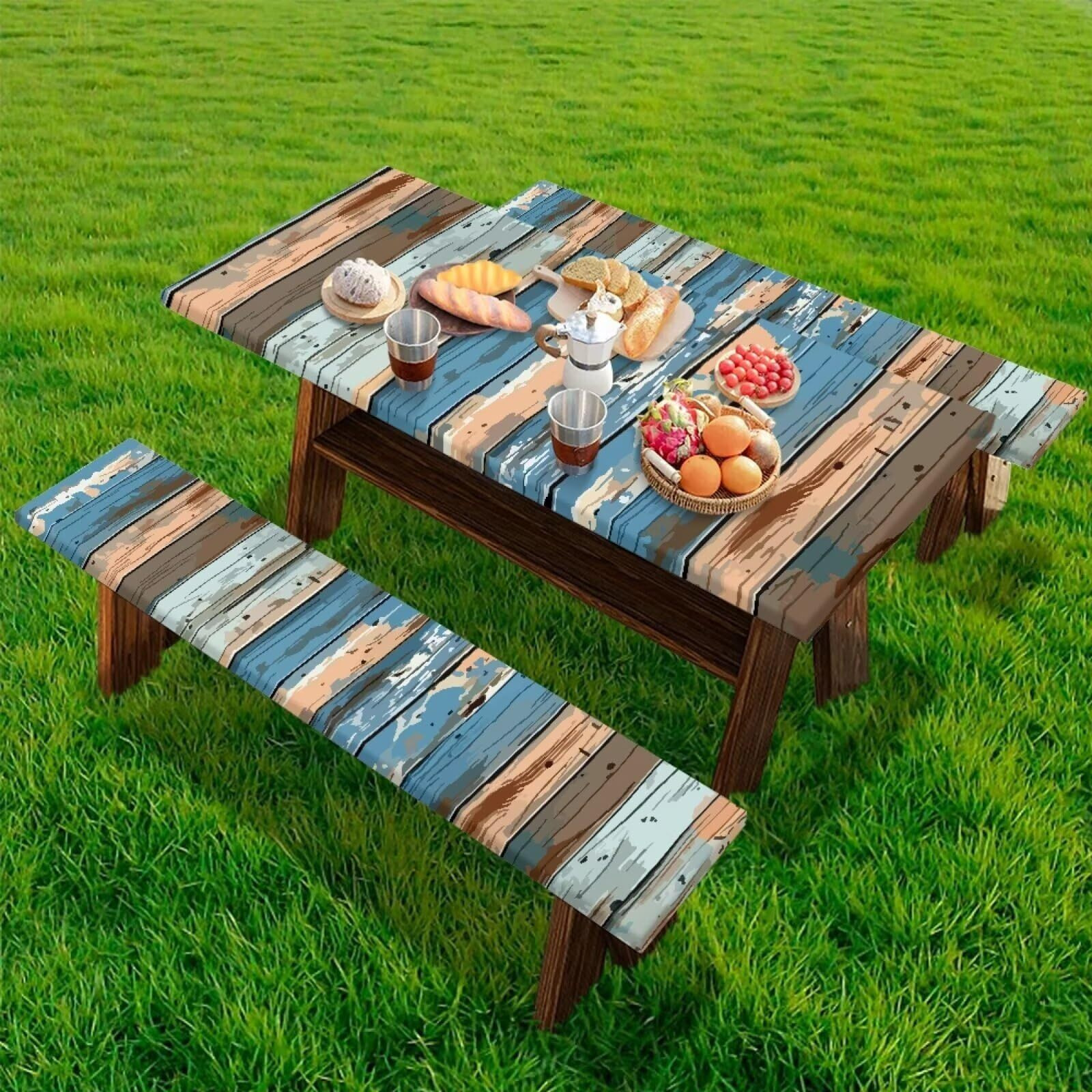 Binienty Blue Brown Wooden Picnic Table Cover With Bench Covers, Vinyl Flannel With Elastic Edges, Water-Proof Oil Easy To Store, Camping Essential Oil Proof Tablecloth Holiday Home Decor,6 Foot Table