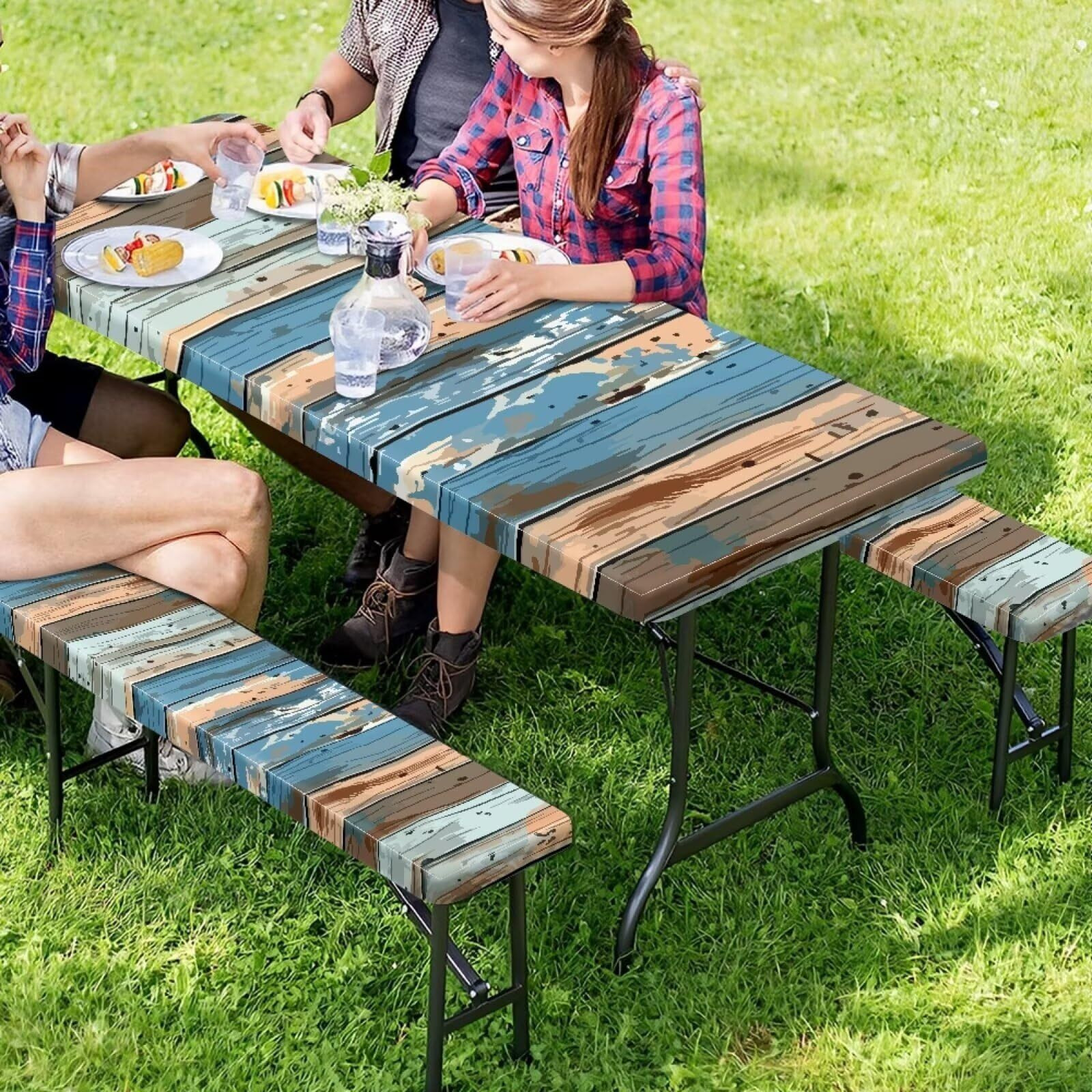 Binienty Blue Brown Wooden Picnic Table Cover With Bench Covers, Vinyl Flannel With Elastic Edges, Water-Proof Oil Easy To Store, Camping Essential Oil Proof Tablecloth Holiday Home Decor,6 Foot Table