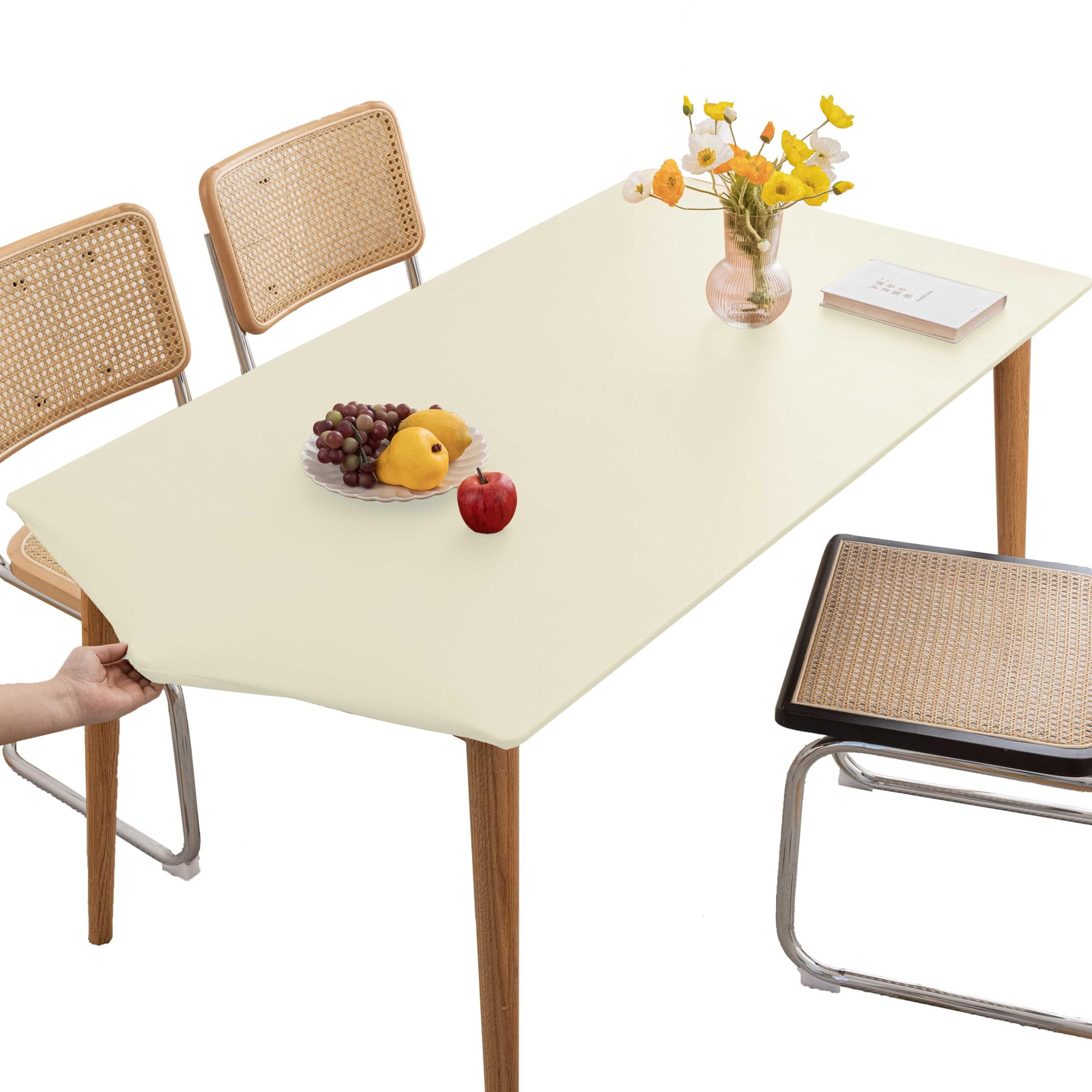 Huierxun Pu Stretch Fitted Rectangle Tablecloth With Elastic Edge 35 X 59 Inch Waterproof Oil Proof Table Cloth Wipeable Table Cover For Indoor Outdoor Furniture Protect (Cream,35"&quotX59"")