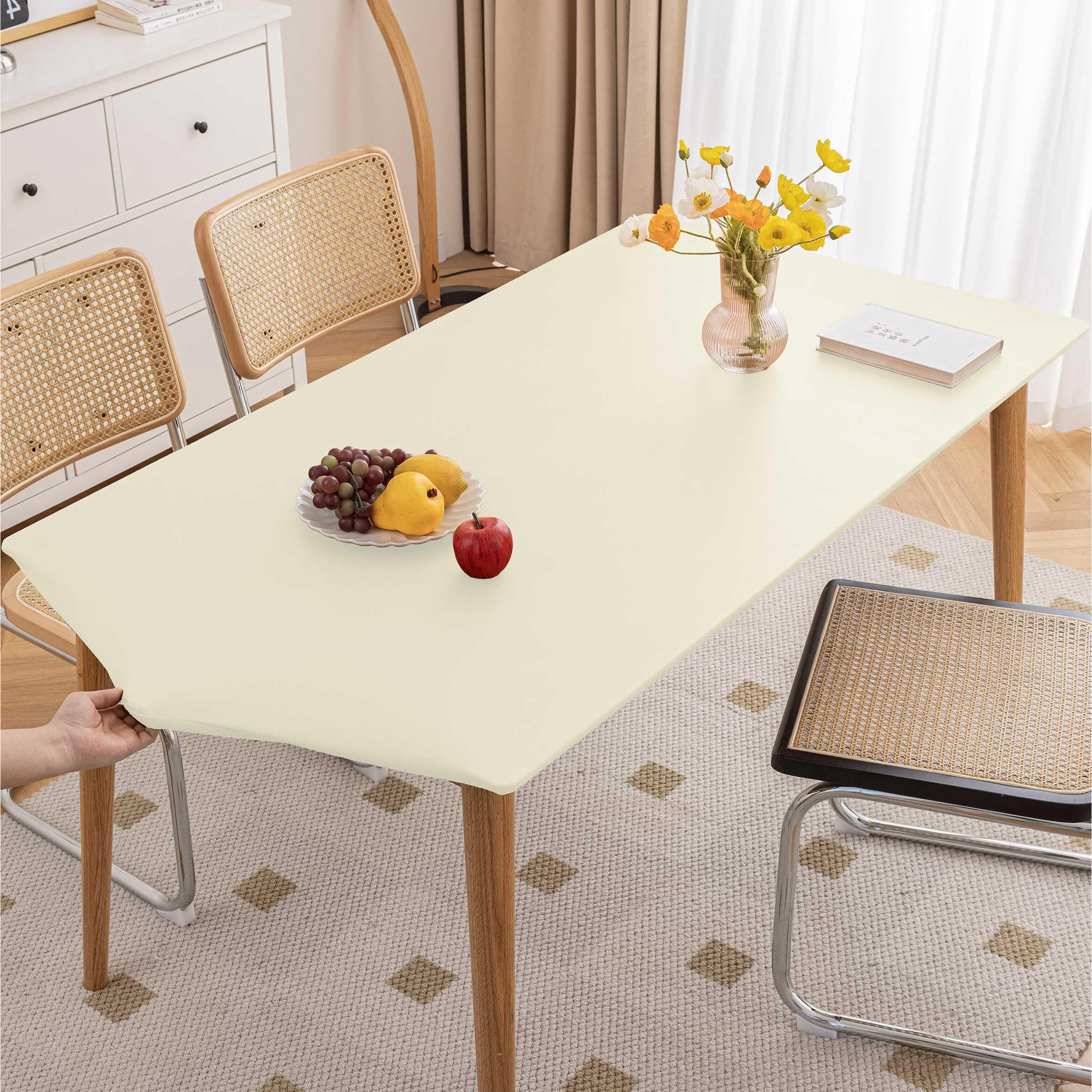 Huierxun Pu Stretch Fitted Rectangle Tablecloth With Elastic Edge 35 X 59 Inch Waterproof Oil Proof Table Cloth Wipeable Table Cover For Indoor Outdoor Furniture Protect (Cream,35"&quotX59"")