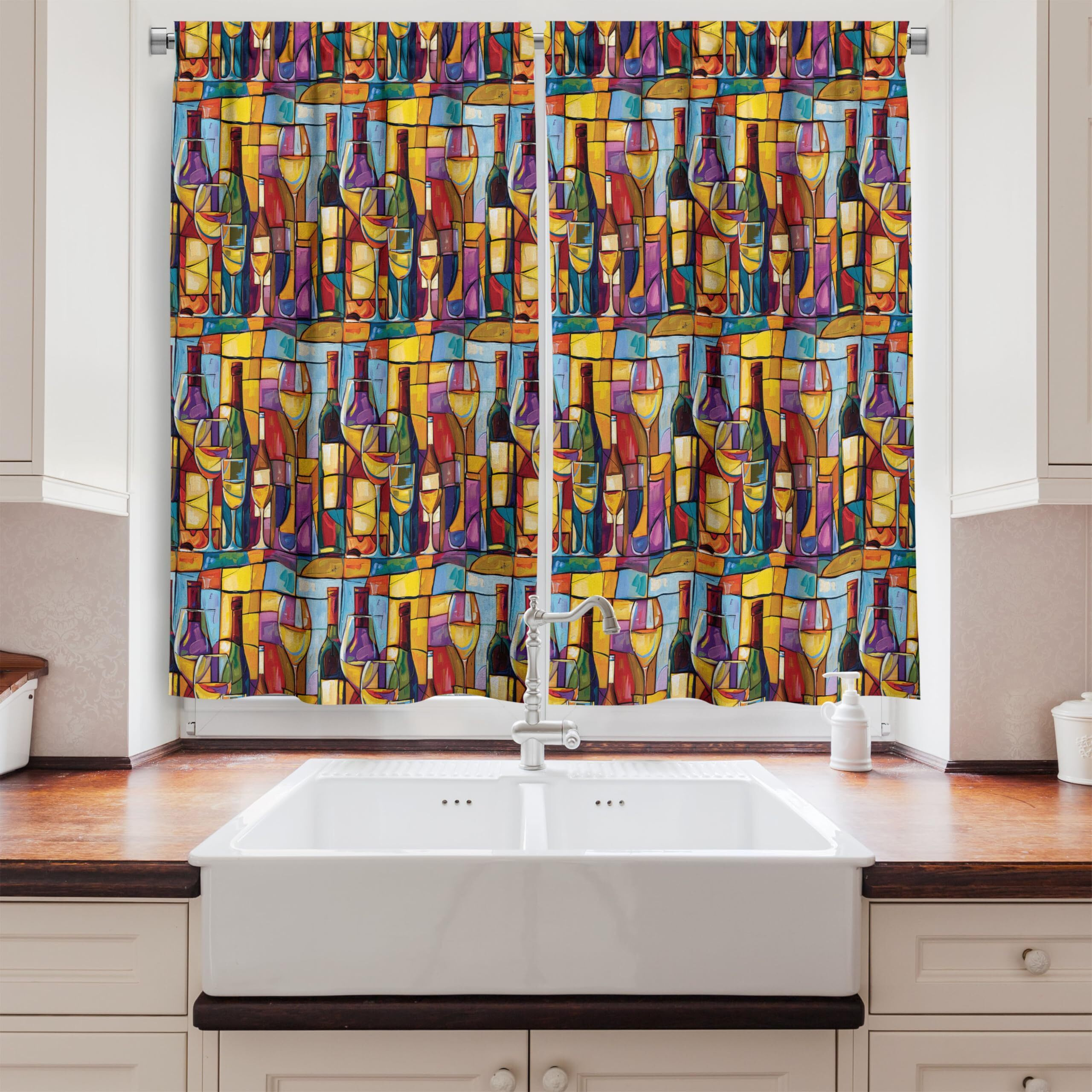 Ambesonne Abstract Kitchen Curtains, Modern Colorful Oil Paint Print Of Bottles Cups With Geometric Shapes, Window Drapes 2 Panel Set For Kitchen Cafe Decor, 55"" X 30"", Purple Blue Multicolor