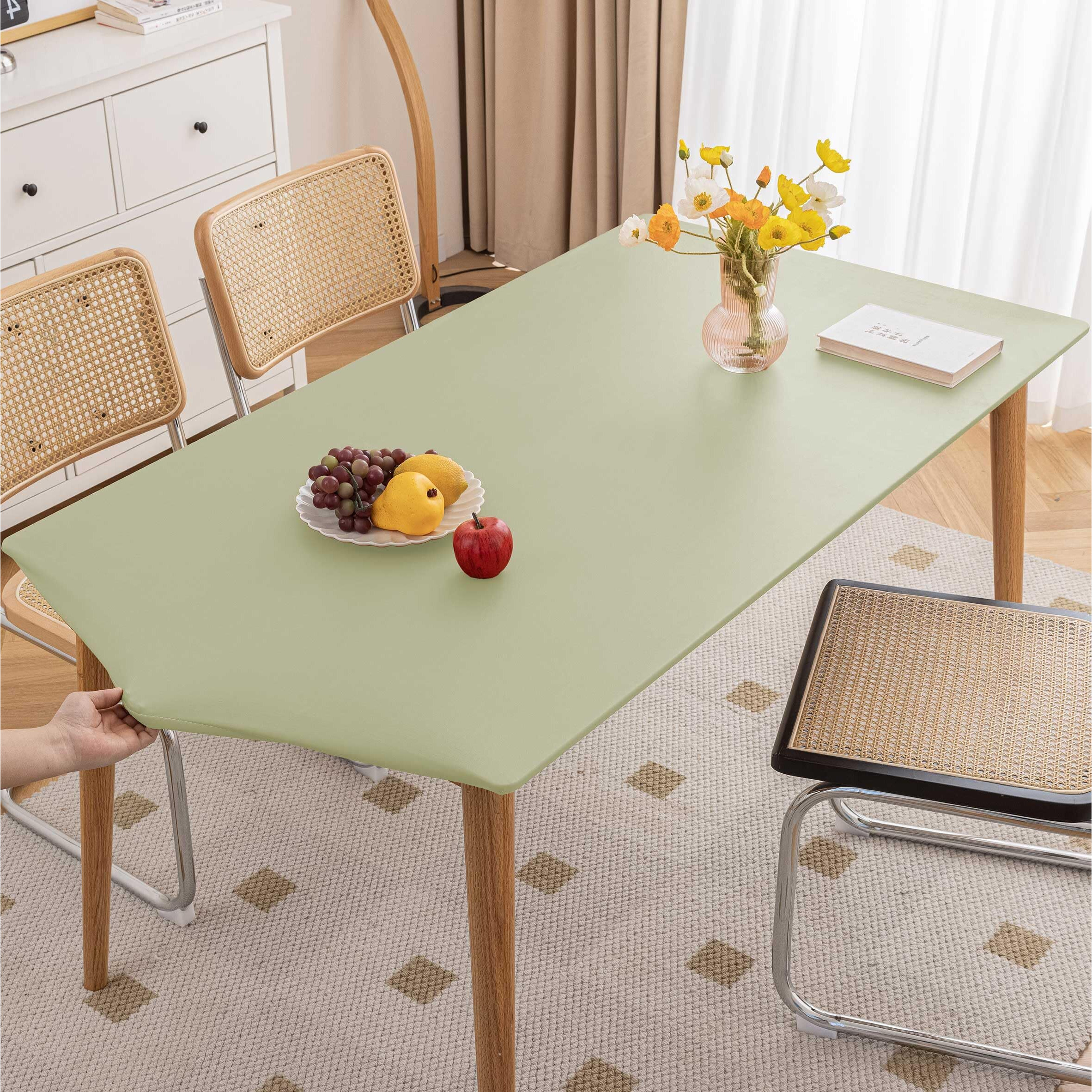 Huierxun Pu Stretch Fitted Rectangle Tablecloth With Elastic Edge 35 X 55 Inch Waterproof Oil Proof Table Cloth Wipeable Table Cover For Indoor Outdoor Furniture Protect (Green,35"&quotX55"")