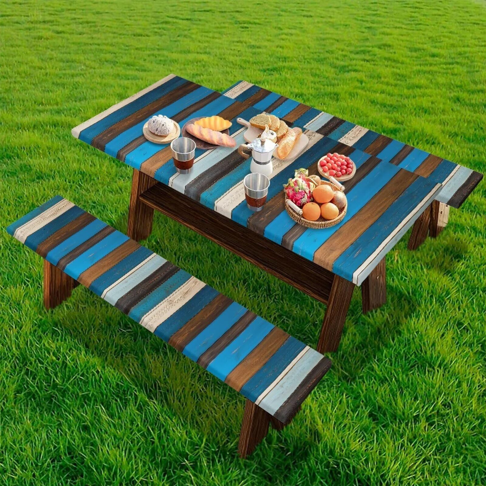 Binienty Blue & Green Woodgrain Table Cloth,3 Pack Rectangle Picnic Table Cover With Bench Covers Camping Essential Oil Proof Tablecloth Holiday Home Decor,8 Foot Table