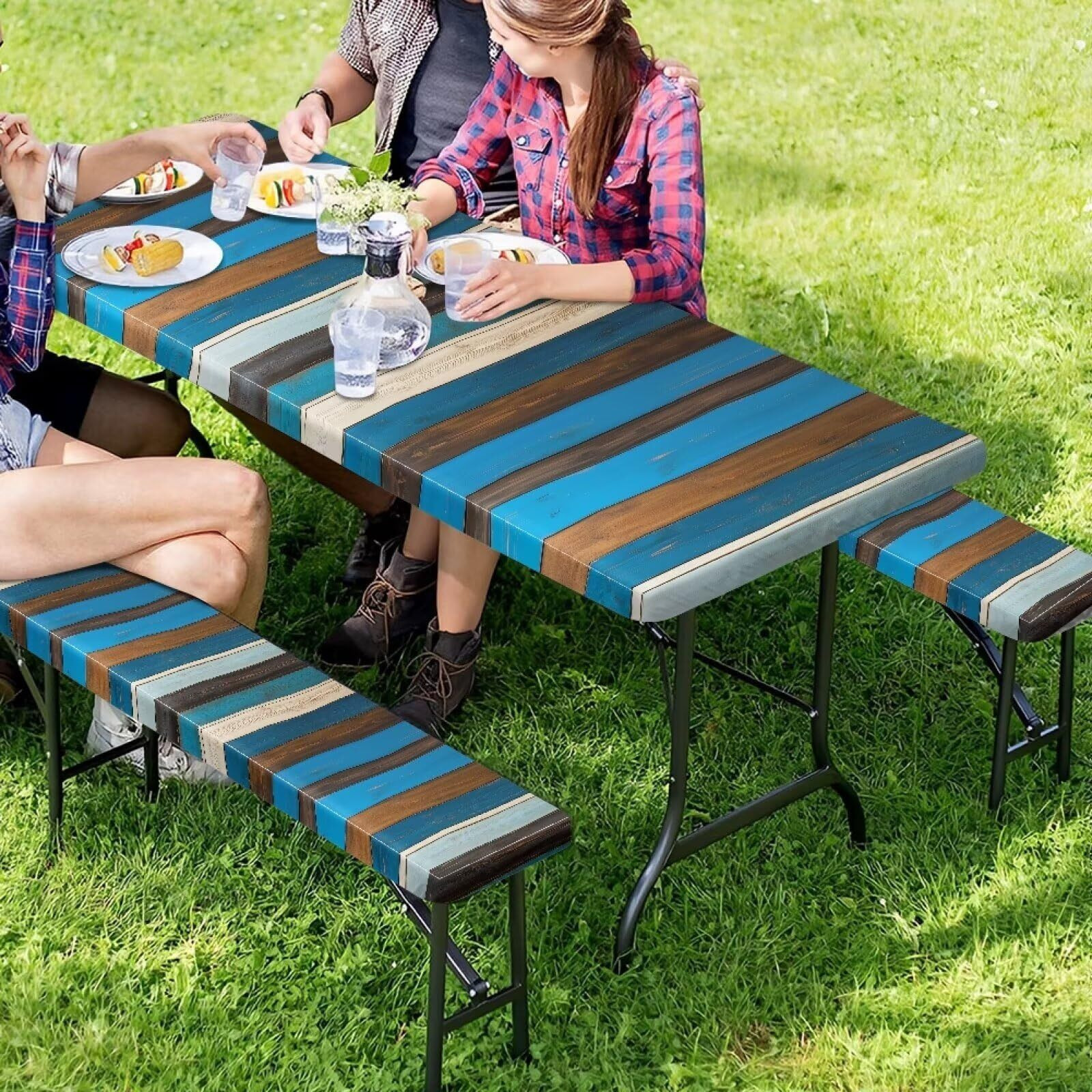 Binienty Blue & Green Woodgrain Table Cloth,3 Pack Rectangle Picnic Table Cover With Bench Covers Camping Essential Oil Proof Tablecloth Holiday Home Decor,8 Foot Table