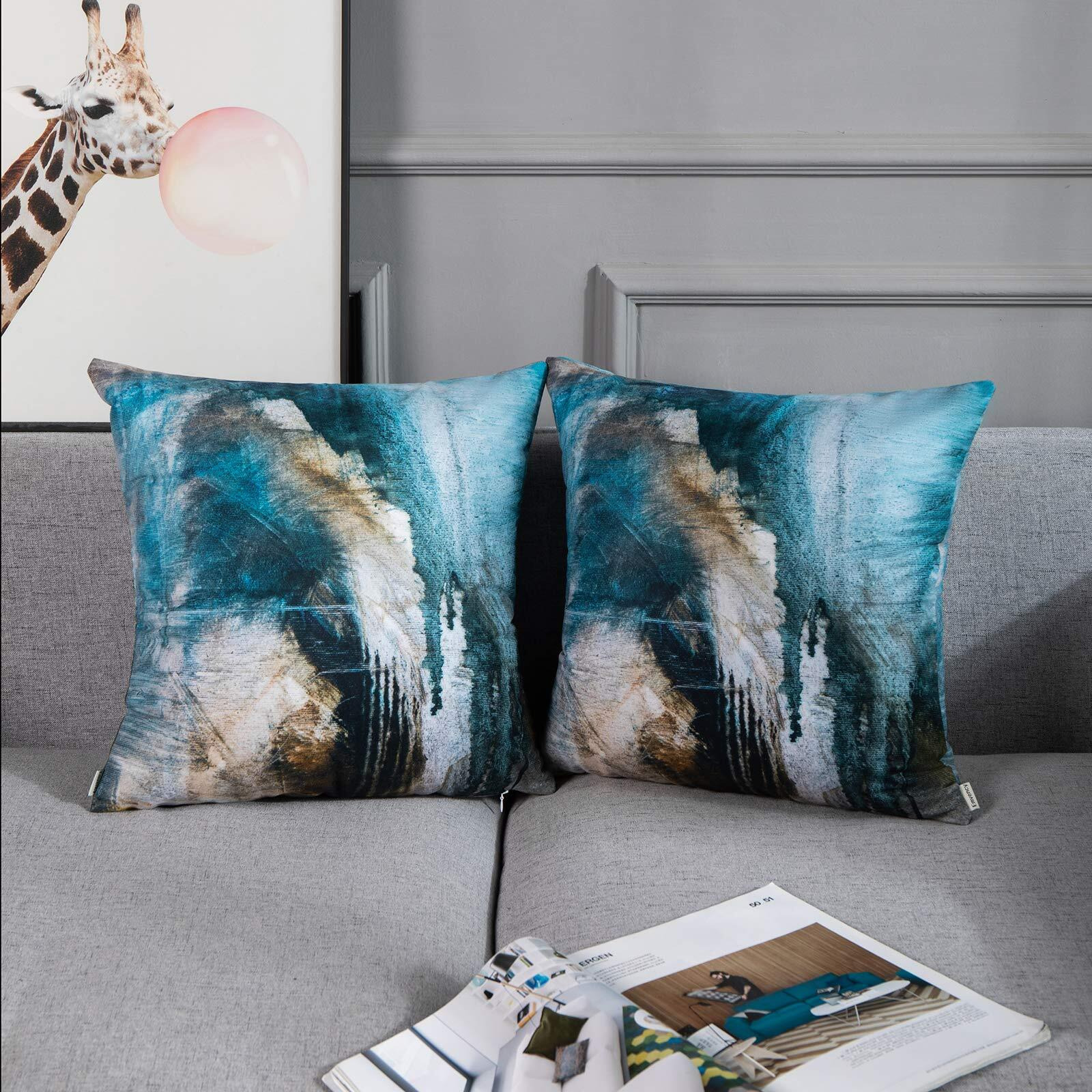 Britimes Throw Pillow Covers Modern Home Art Decor, 16 X 16 Inches Set Of 2 Pillow Cases Decorative, Abstract Oil Painting Pillowcases For Bedroom, Living Room, Cushion Couch Sofa, Teal Black